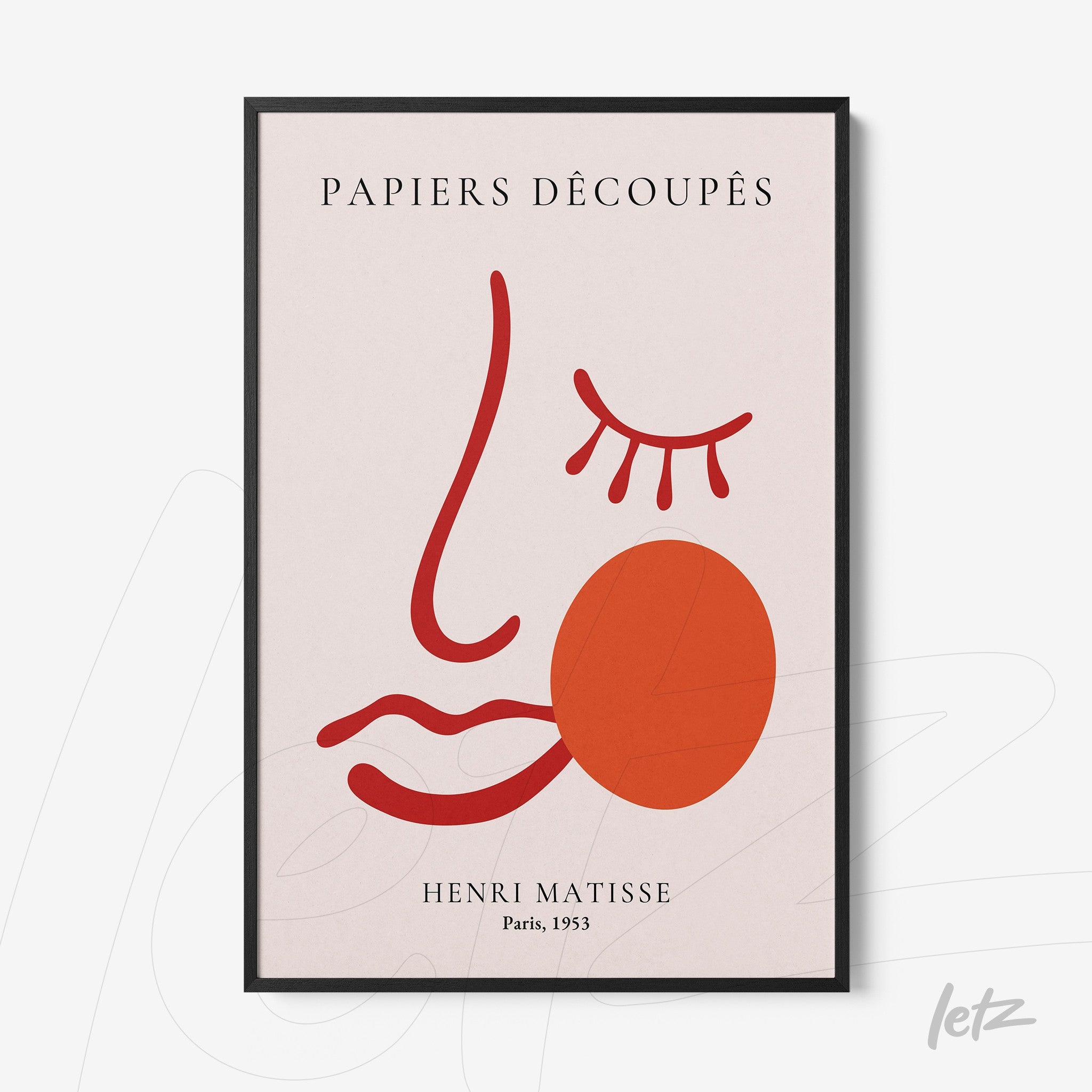 framed wall art featuring a modern stylized portrait with red elements on a light background