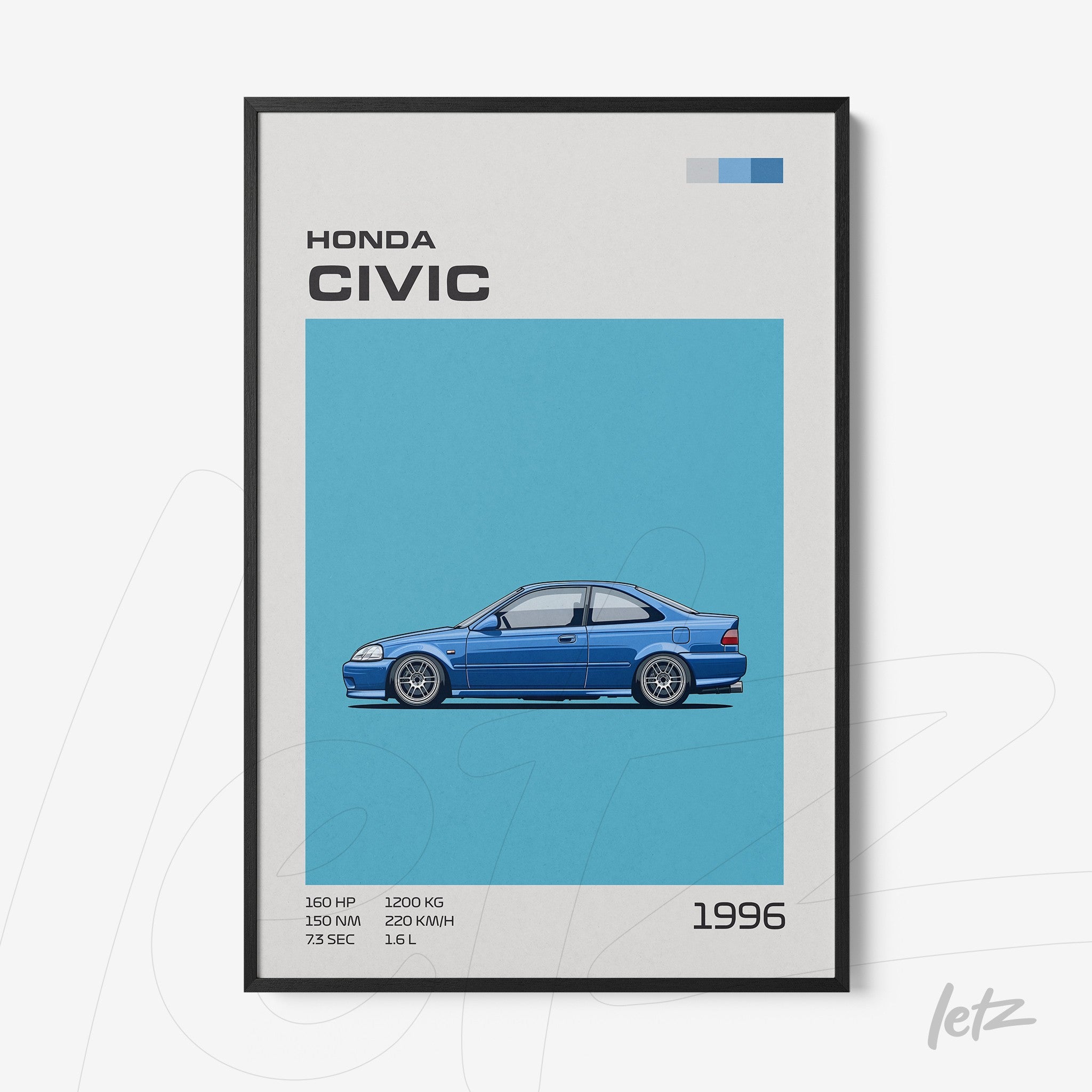 framed wall art featuring a stylized illustration of 1996 Honda Civic with blue background and black frame