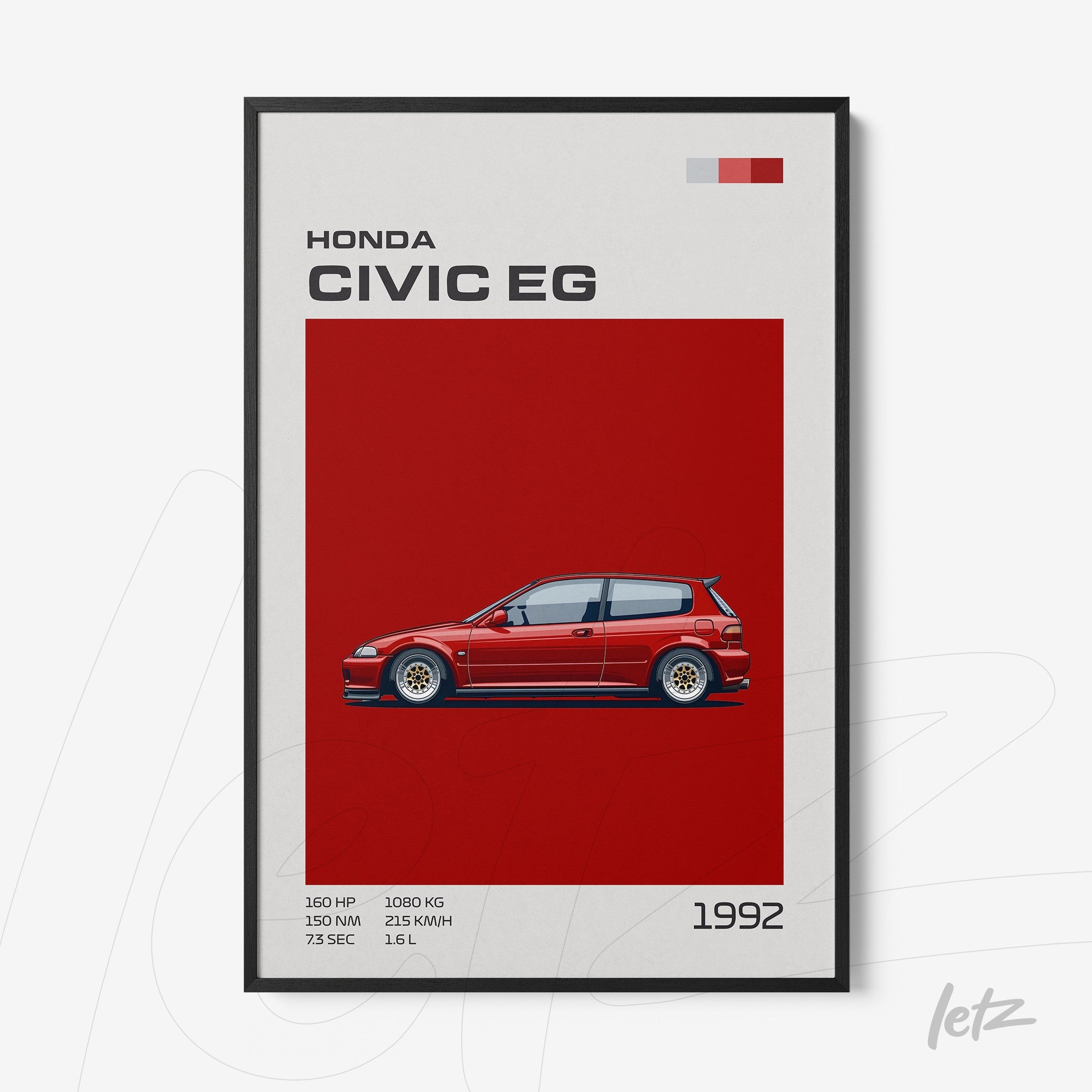 framed artwork featuring a red 1992 Honda Civic EG with specifications in a bold design