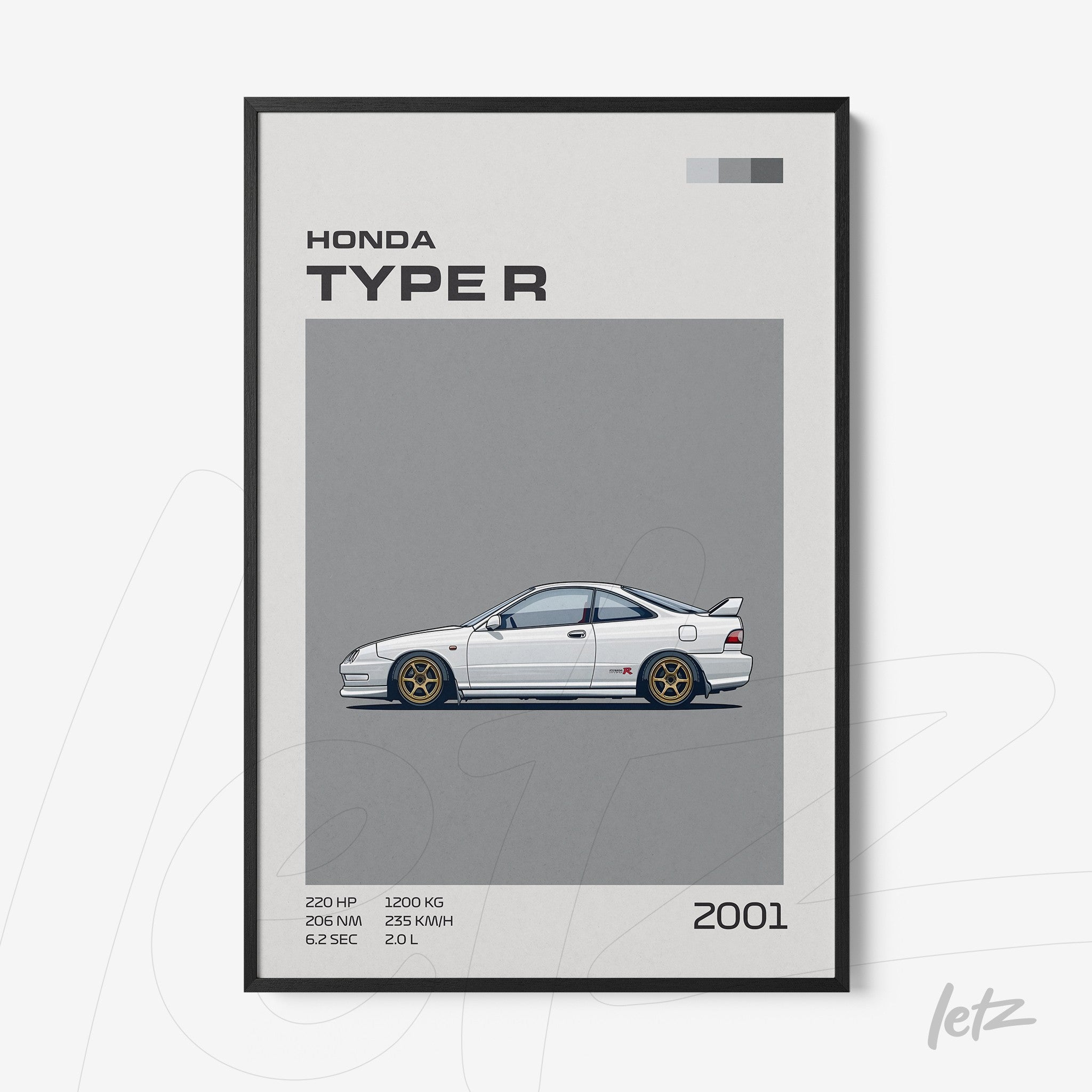 minimalist wall art featuring the 2001 Honda Type R in black frame