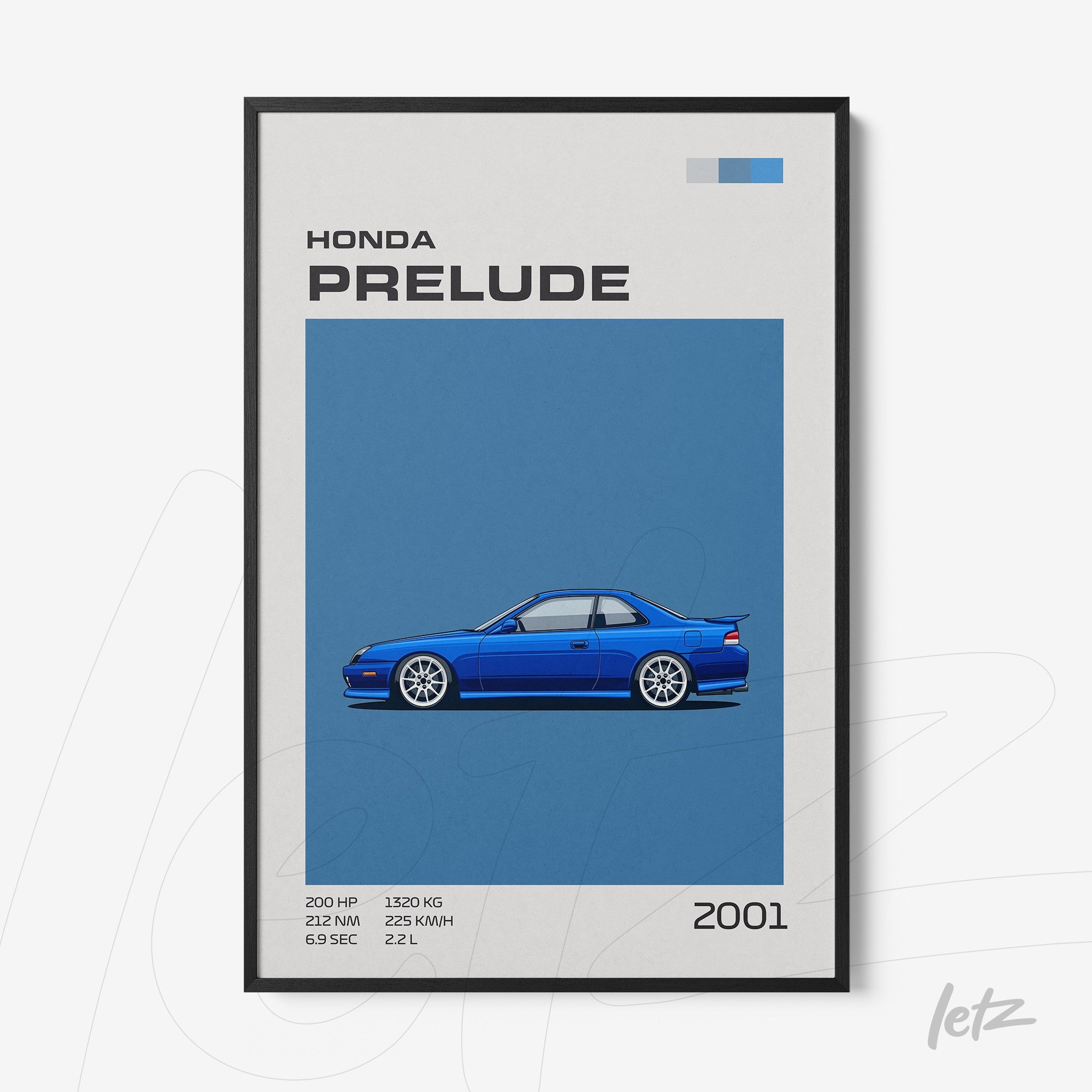 framed artwork featuring the 2001 Honda Prelude illustration on a blue background with black frame
