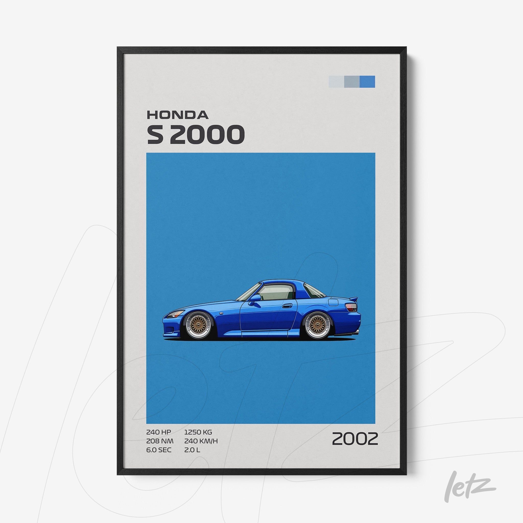 framed wall art featuring a digital illustration of a Honda S2000 sports car on a blue background