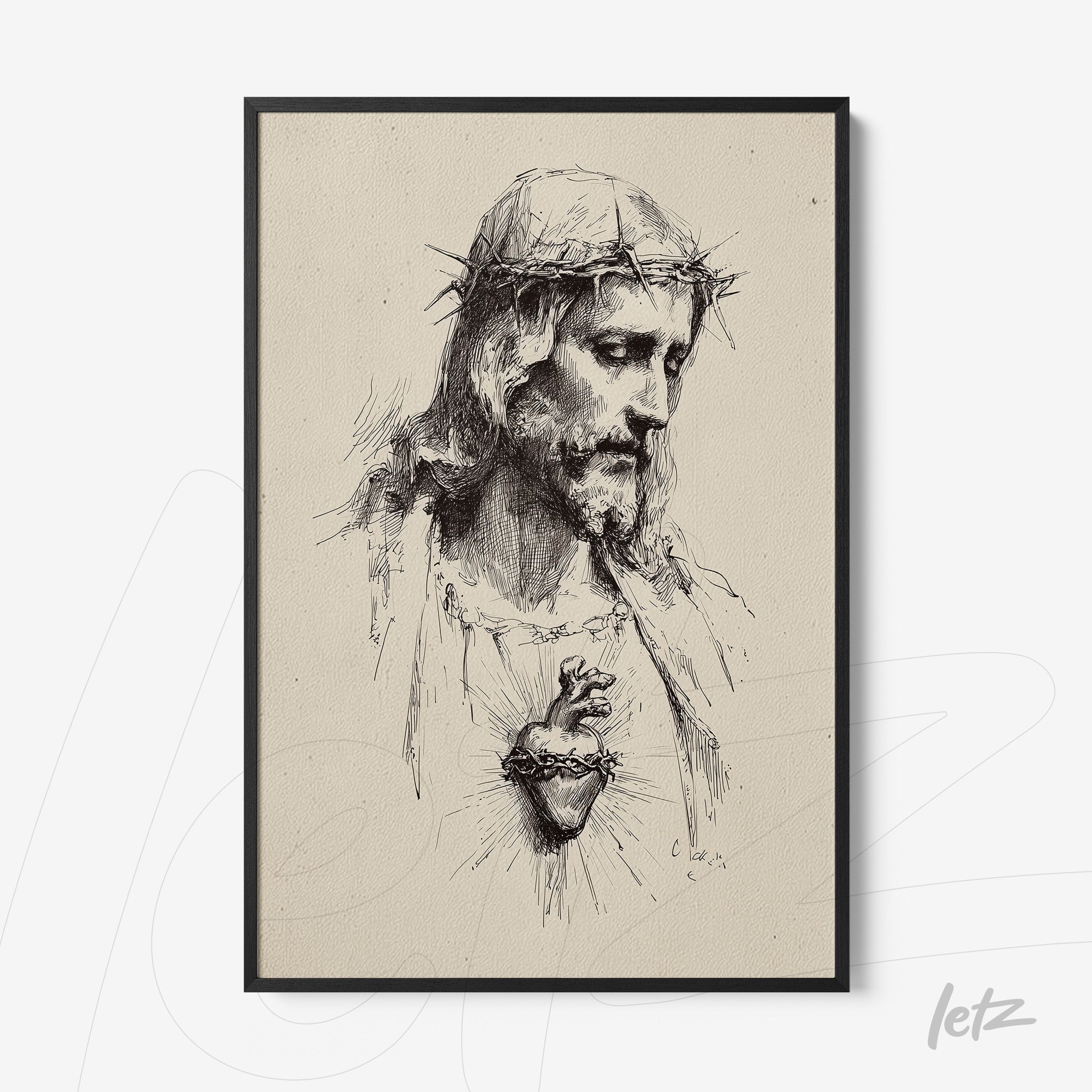 framed religious wall art in sketch style depicting the face of Jesus Christ with a crown of thorns and sacred heart