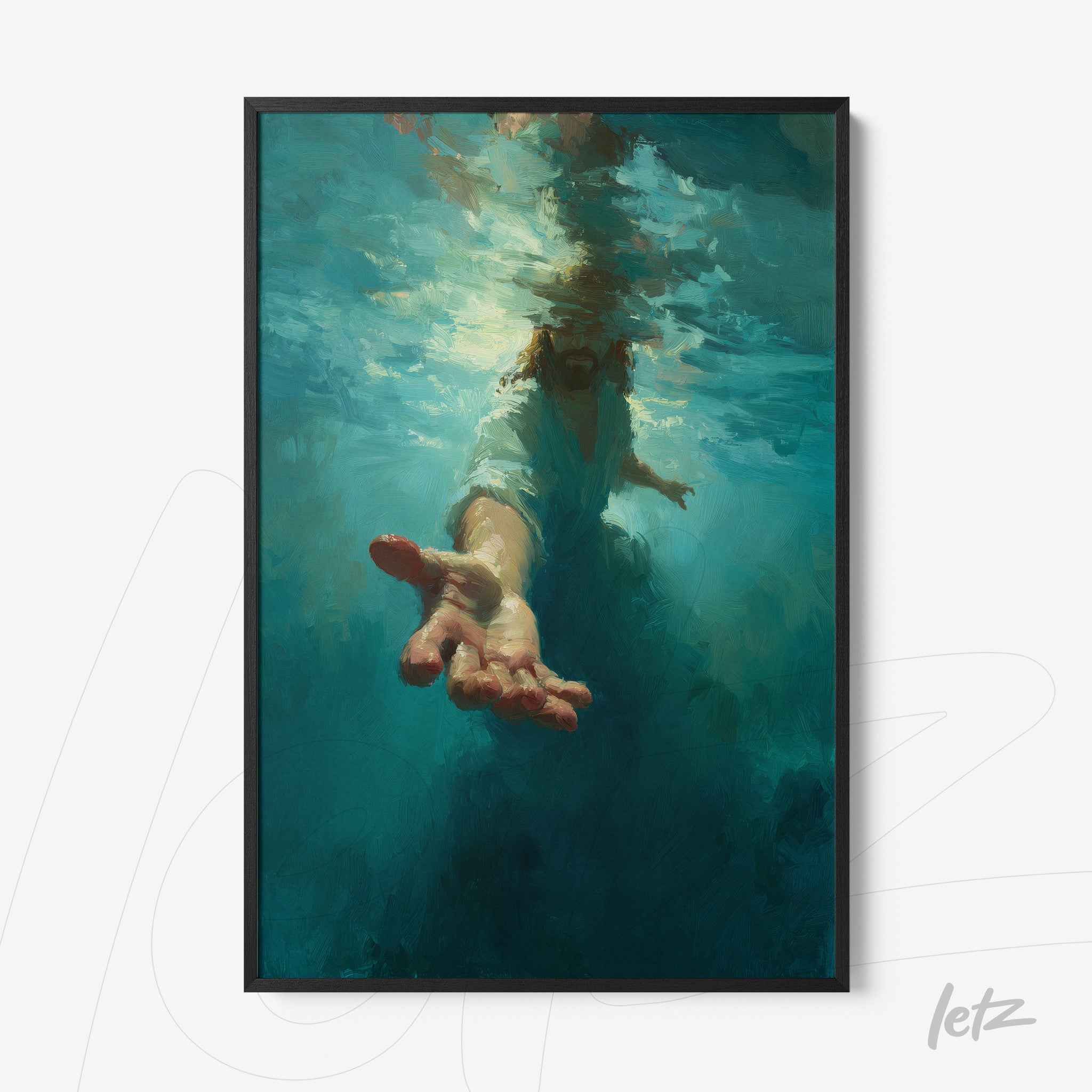 figurative art of hand reaching towards water surface in black frame