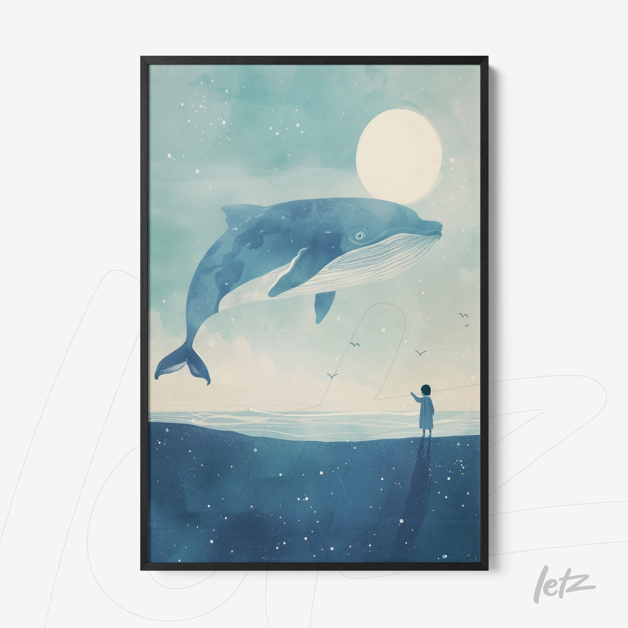 framed digital art of a blue whale floating under the moon with a child's silhouette in the foreground