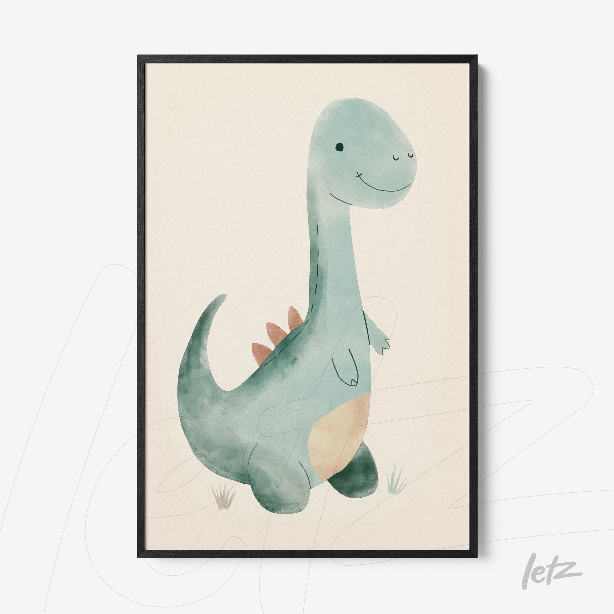 framed children's art featuring a cute dinosaur in soft colors