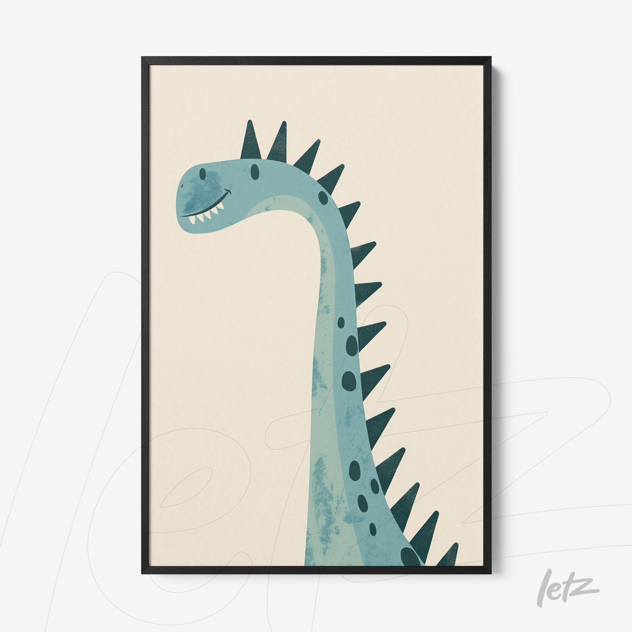 framed artwork featuring a stylized dinosaur against a light background