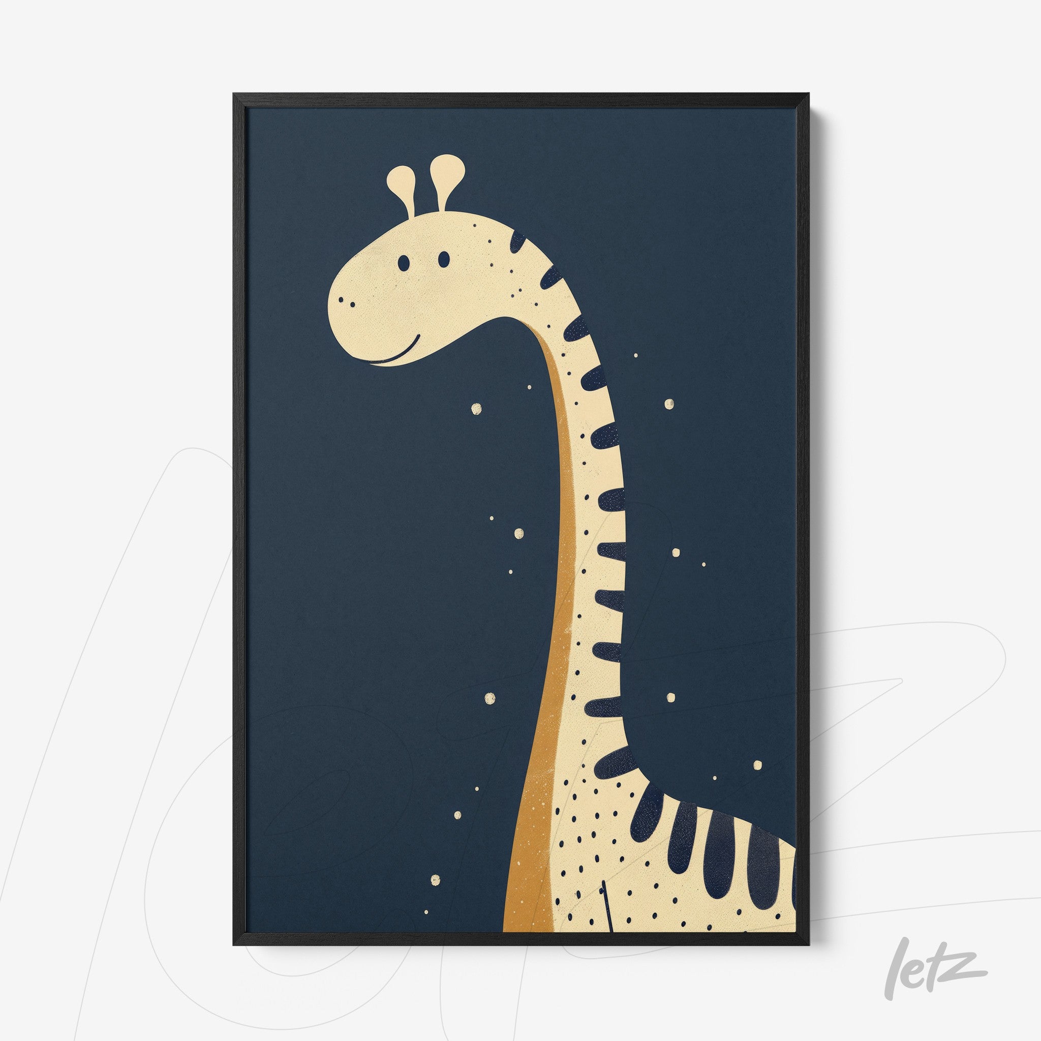 framed illustration of a giraffe on a dark blue background