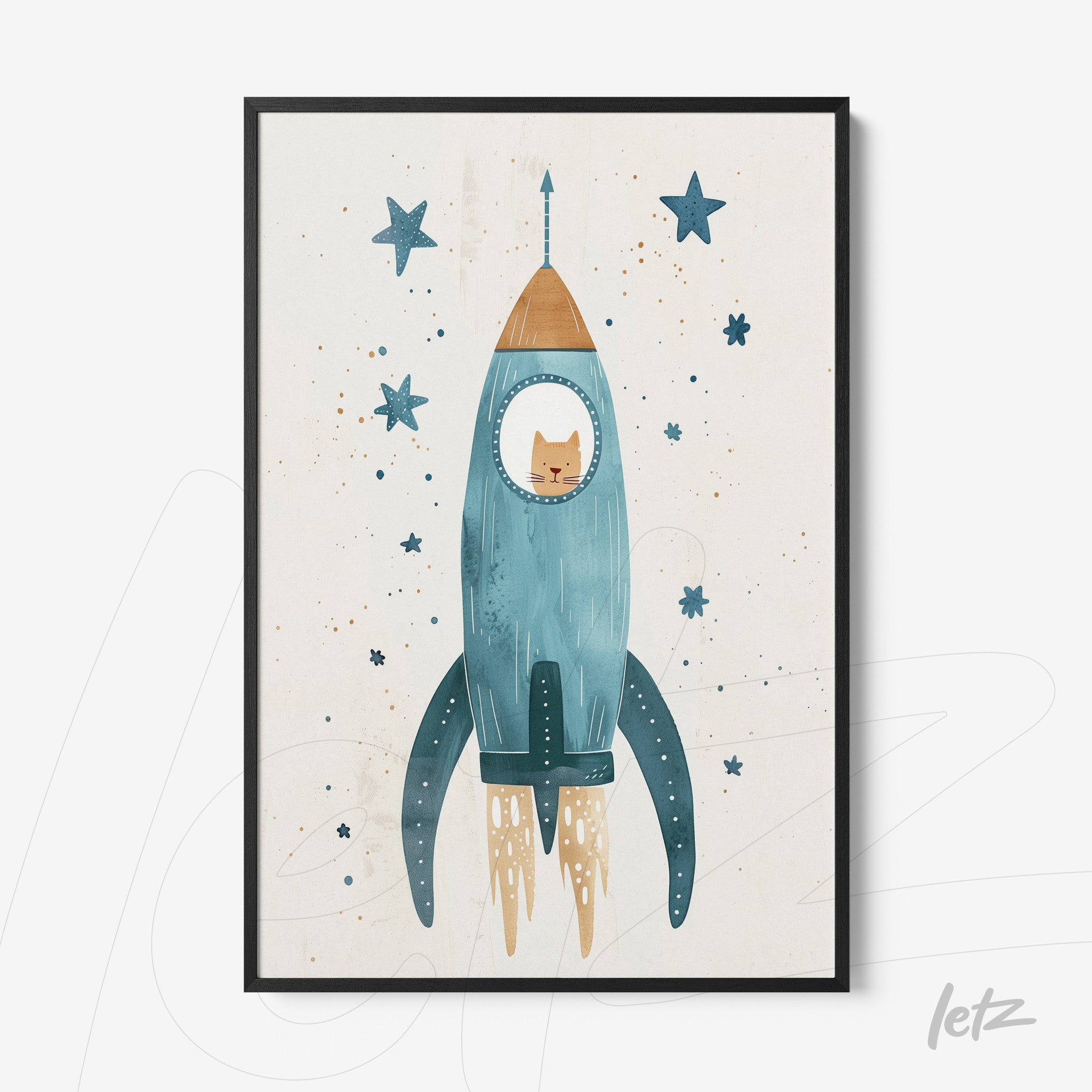 framed illustration of a cat inside a blue rocket with stars on a light background