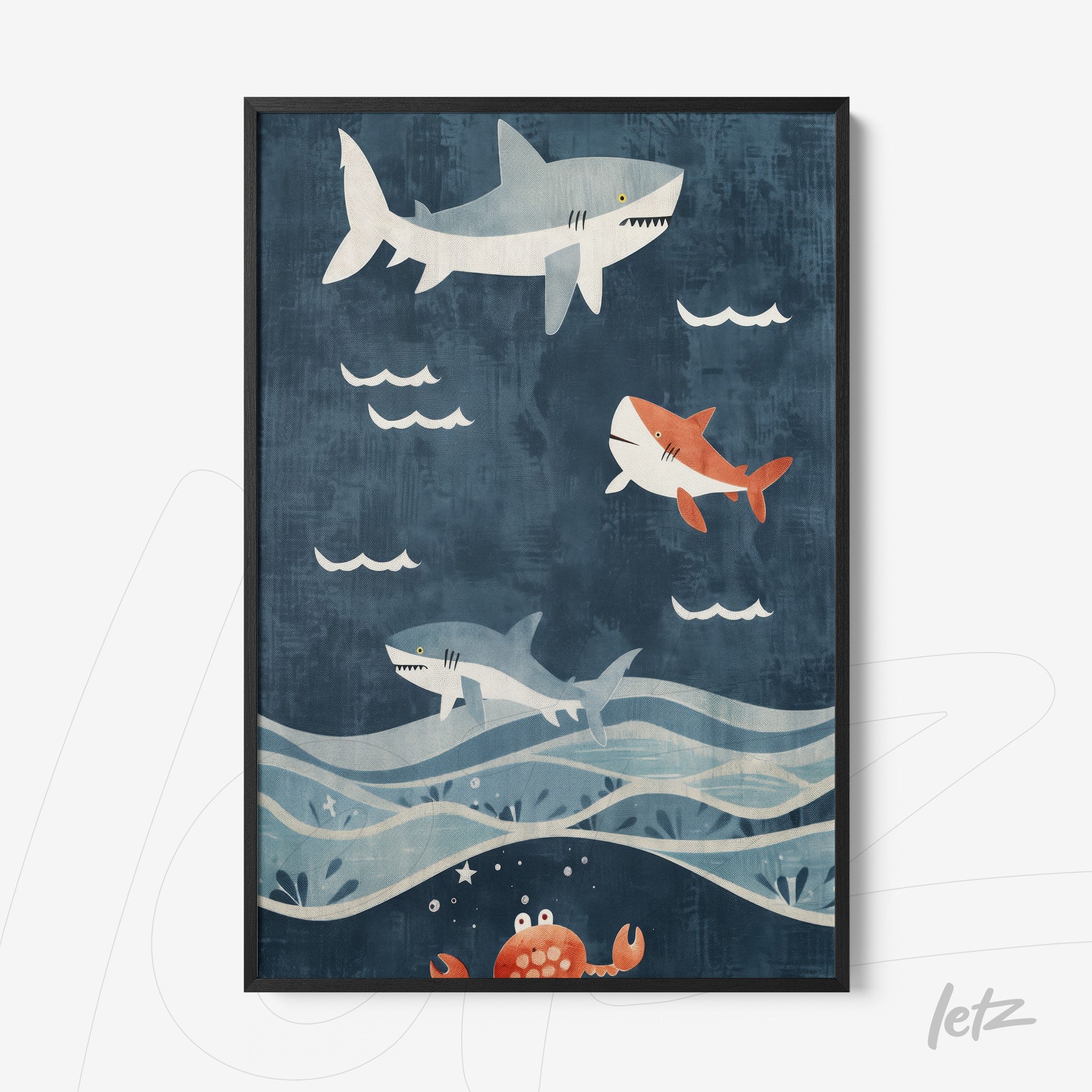 framed artwork featuring sharks in a blue background with white waves and a red crab at the bottom