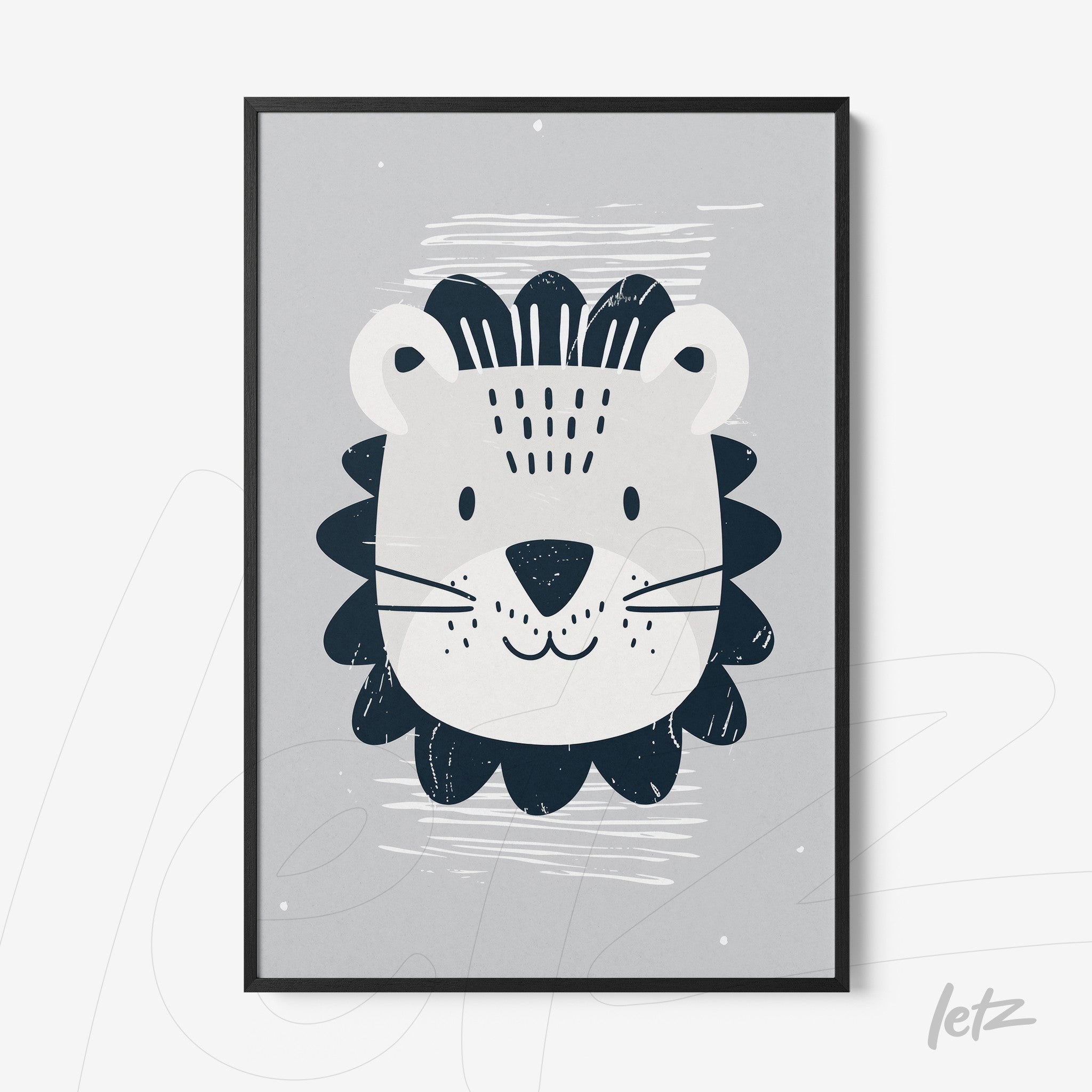 framed artwork featuring a lion's face in black and white on a gray background