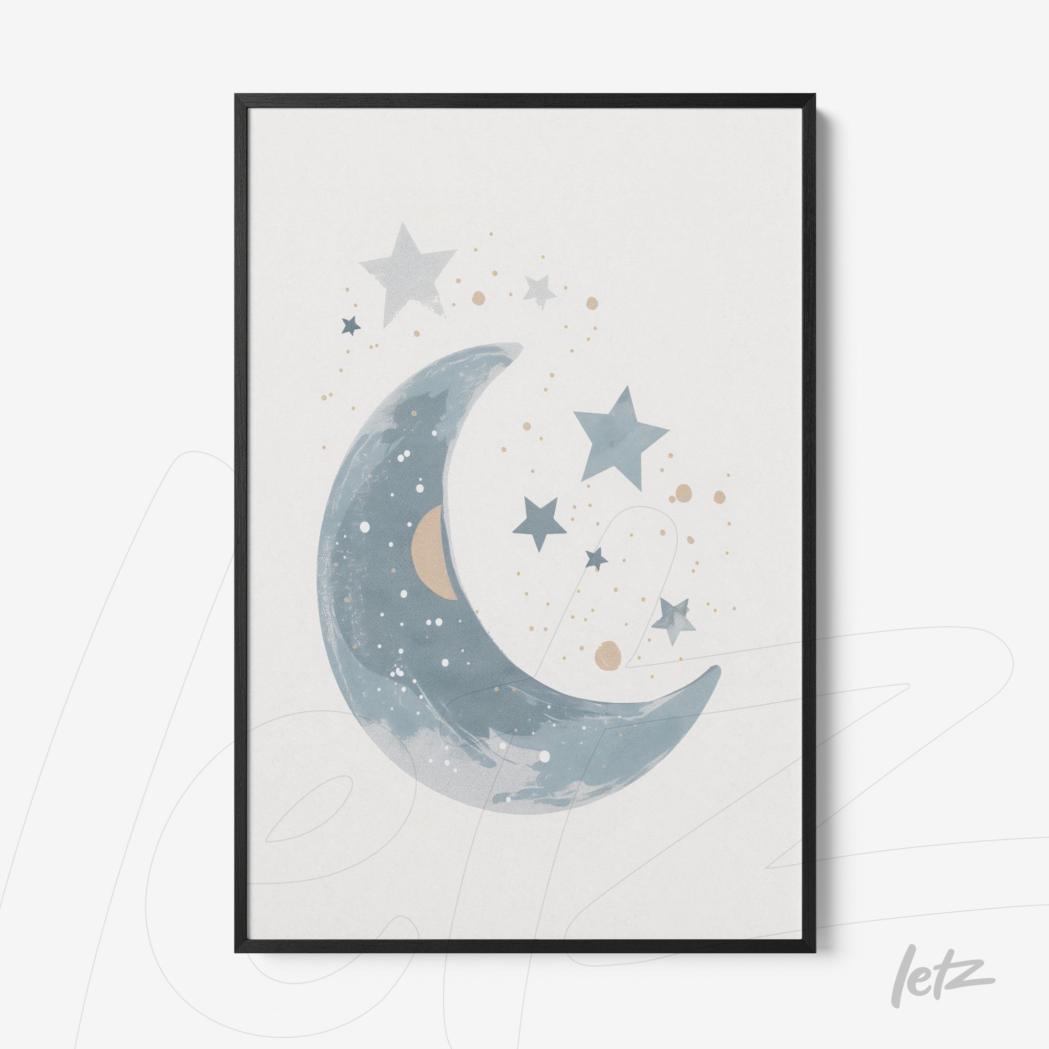framed wall art featuring a crescent moon and stars on a light background with black frame