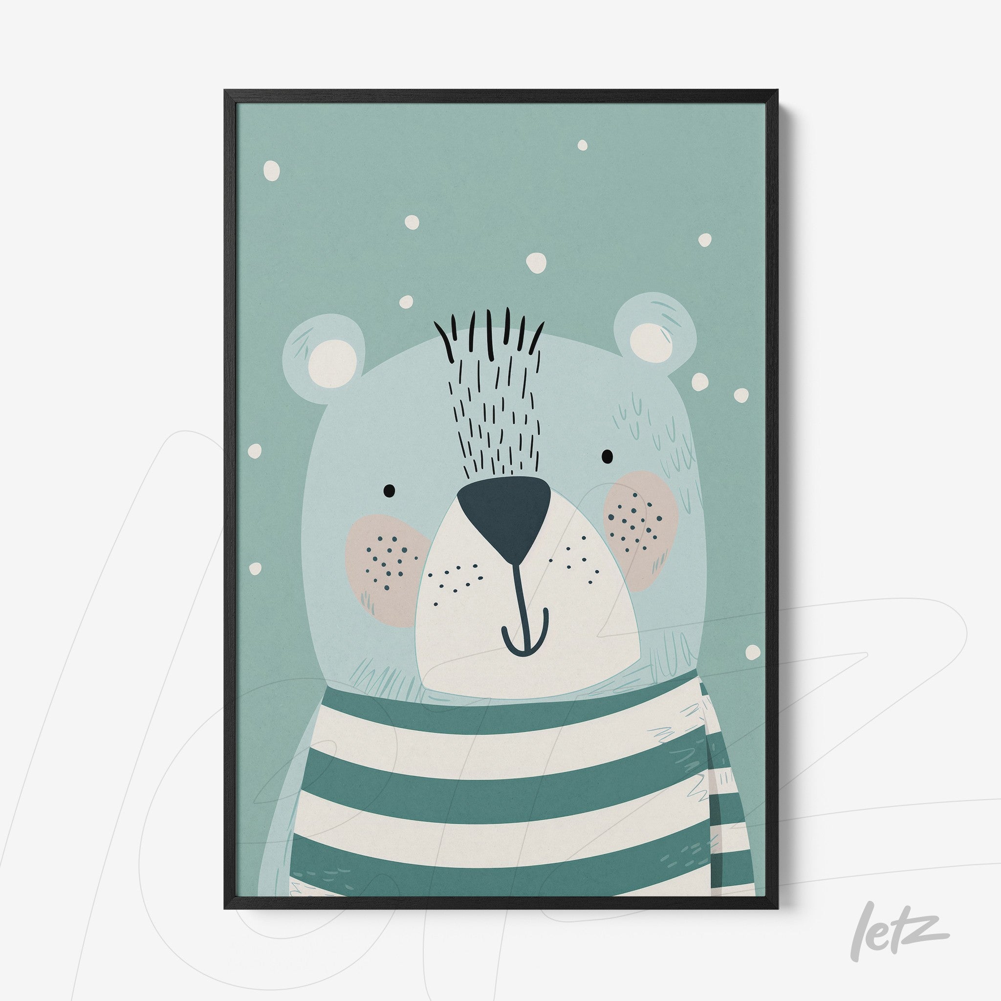 framed artwork featuring a smiling bear wearing white and green stripes on a blue background