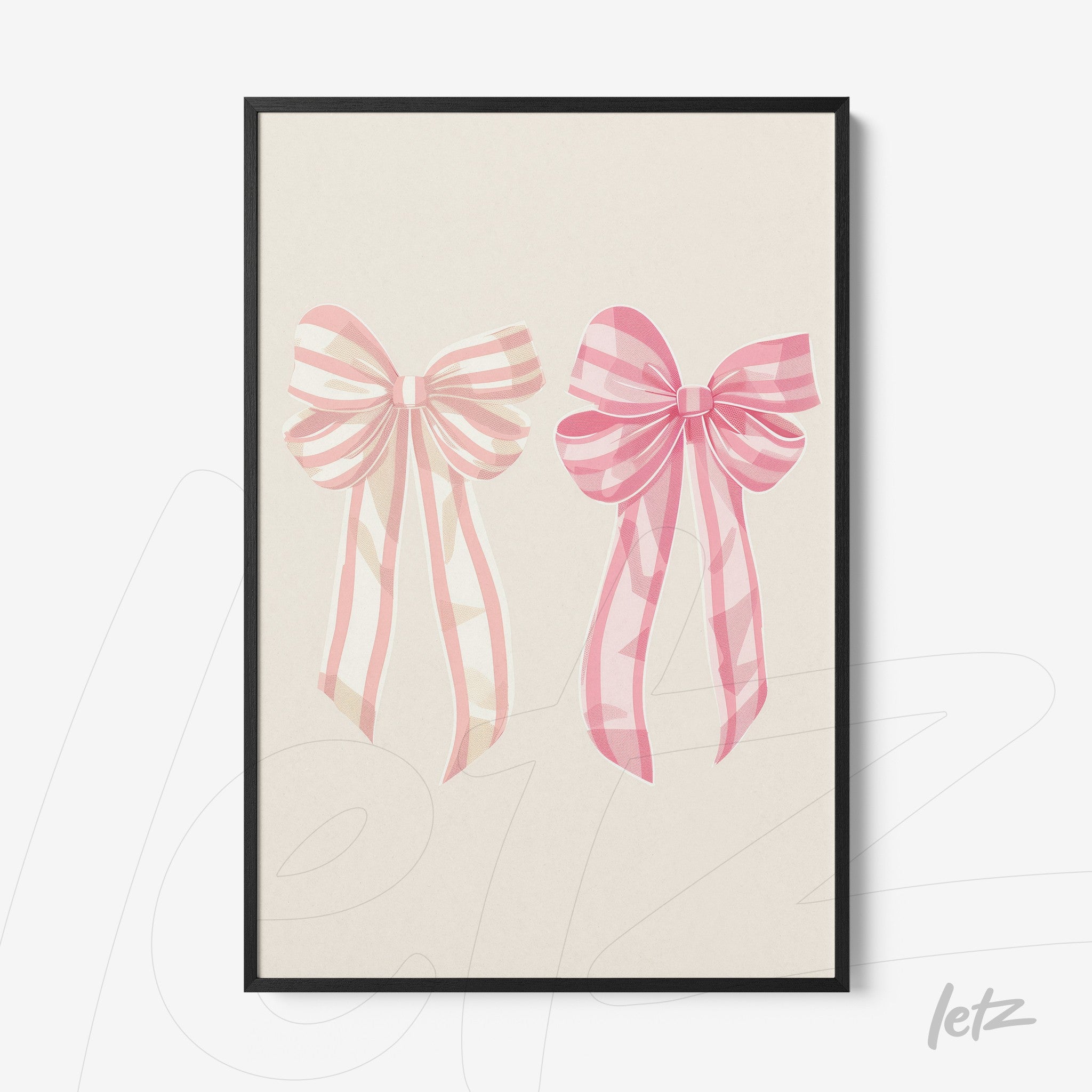 framed artwork featuring pink ribbon illustrations with black frame