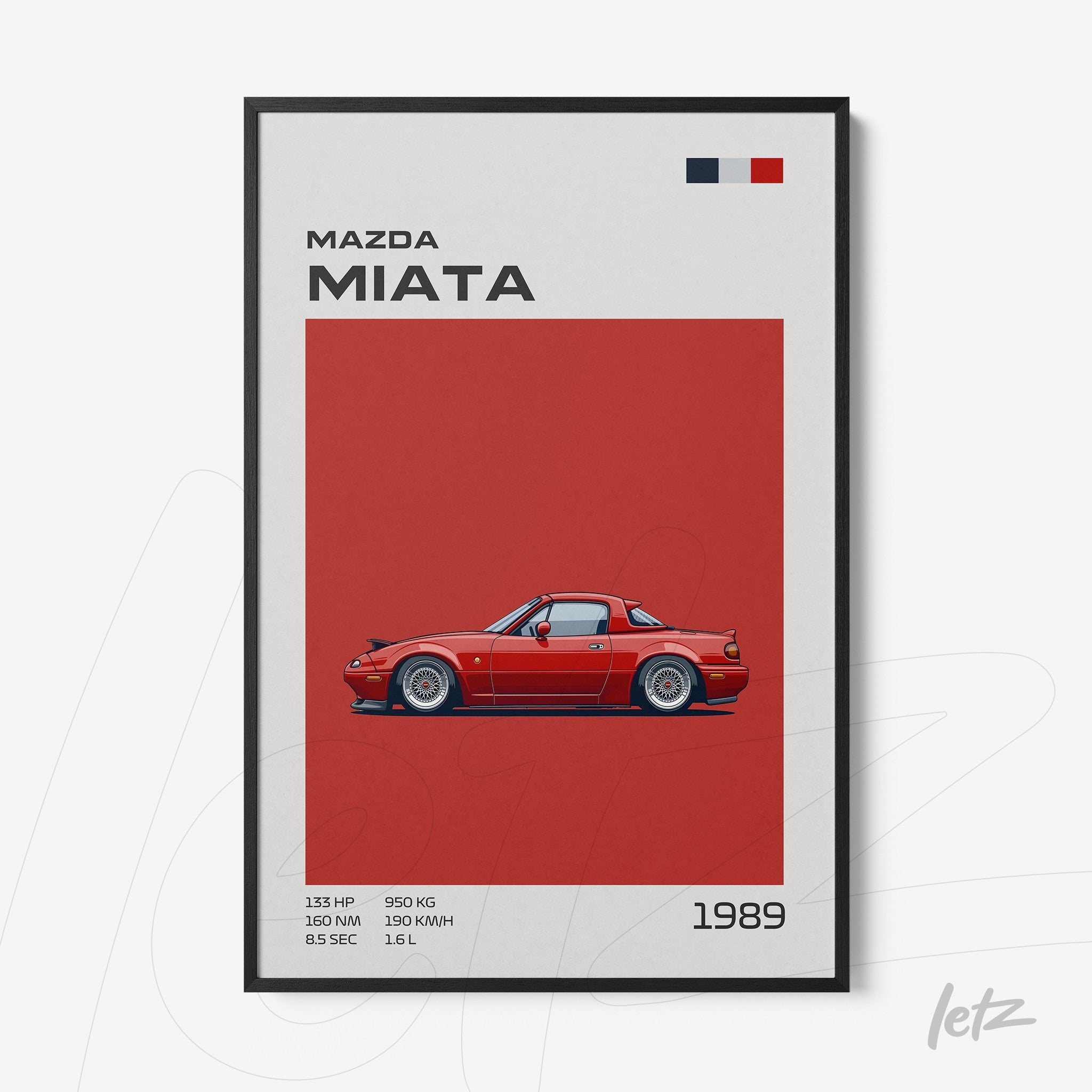 framed illustration of Mazda Miata car with red background and stylized text