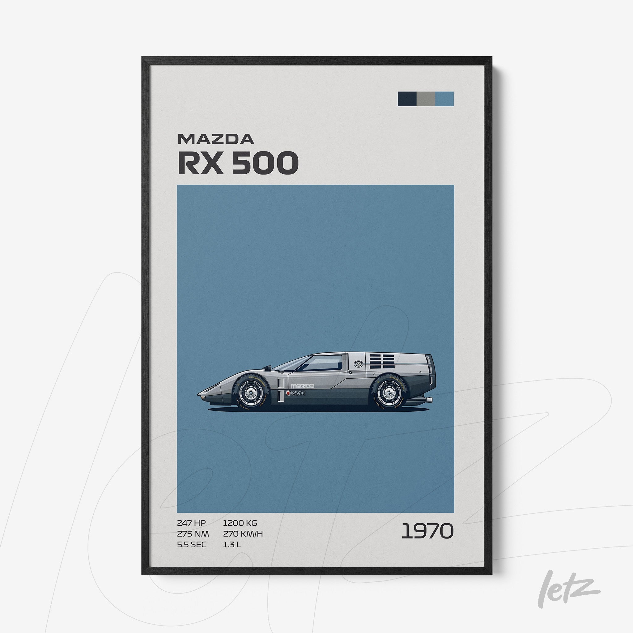 framed artwork featuring the Mazda RX 500 sports car with a blue background and black frame
