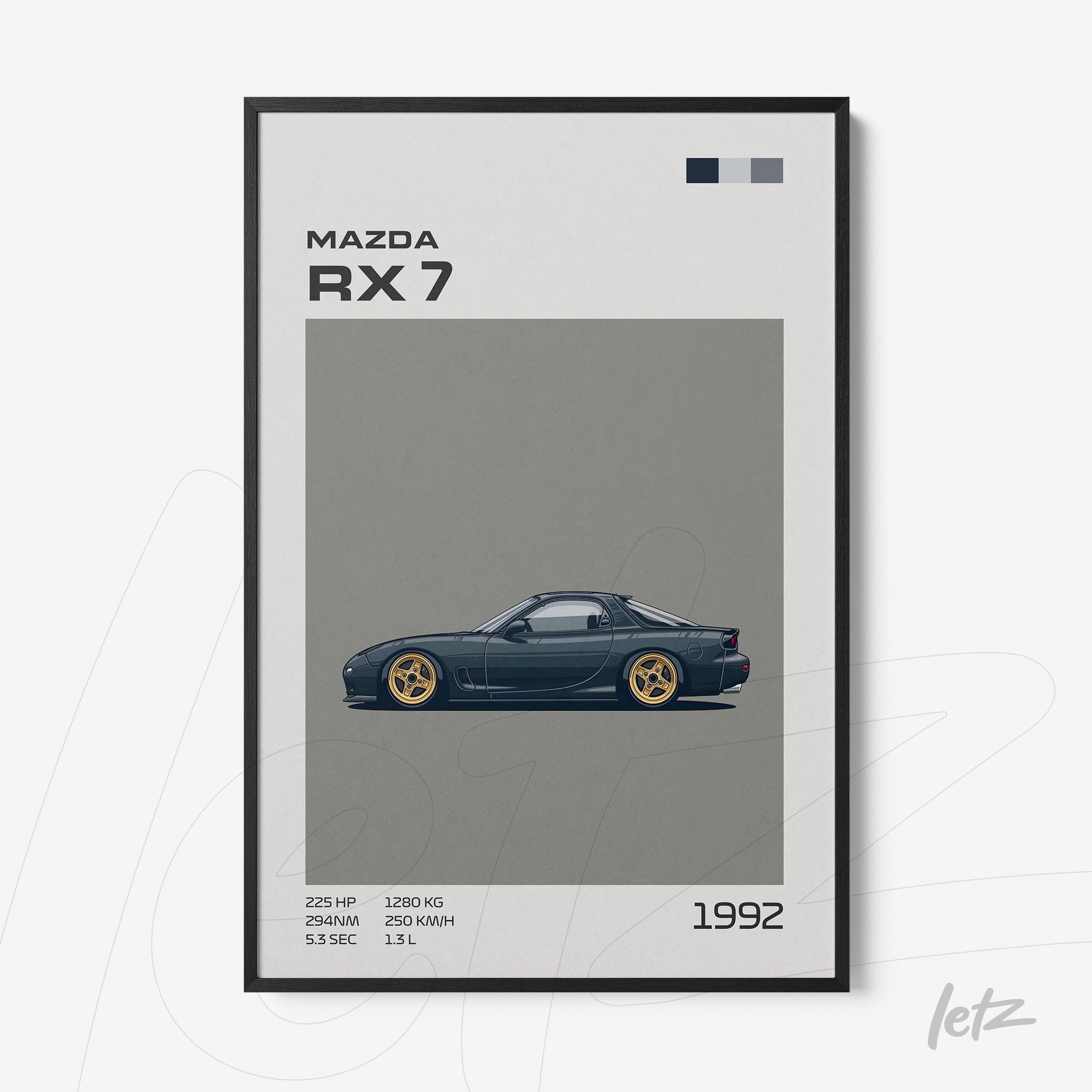 framed digital art of 1992 Mazda RX-7 with black frame