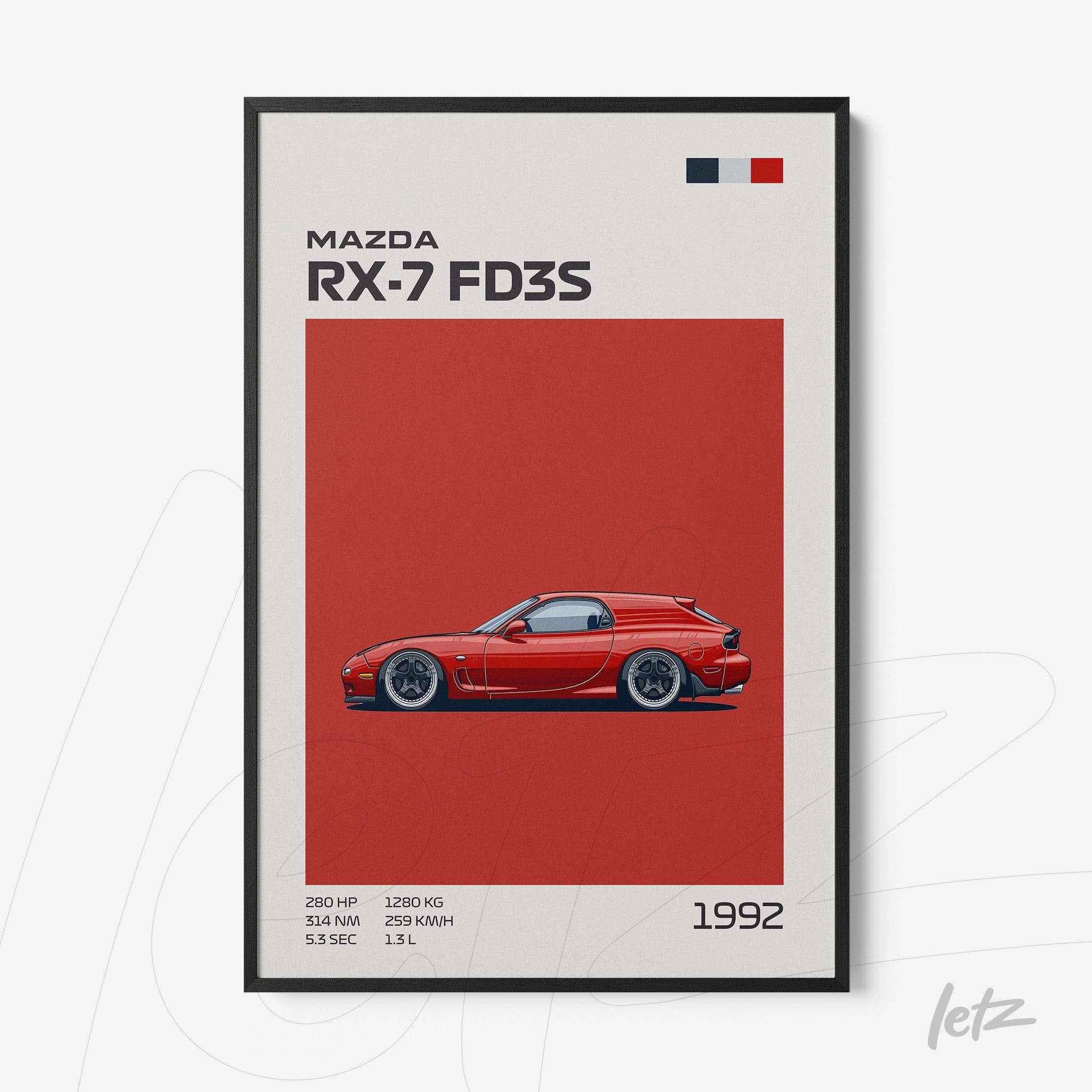 framed wall art featuring a digital illustration of Mazda RX-7 FD3S on a red background with black frame and white text details