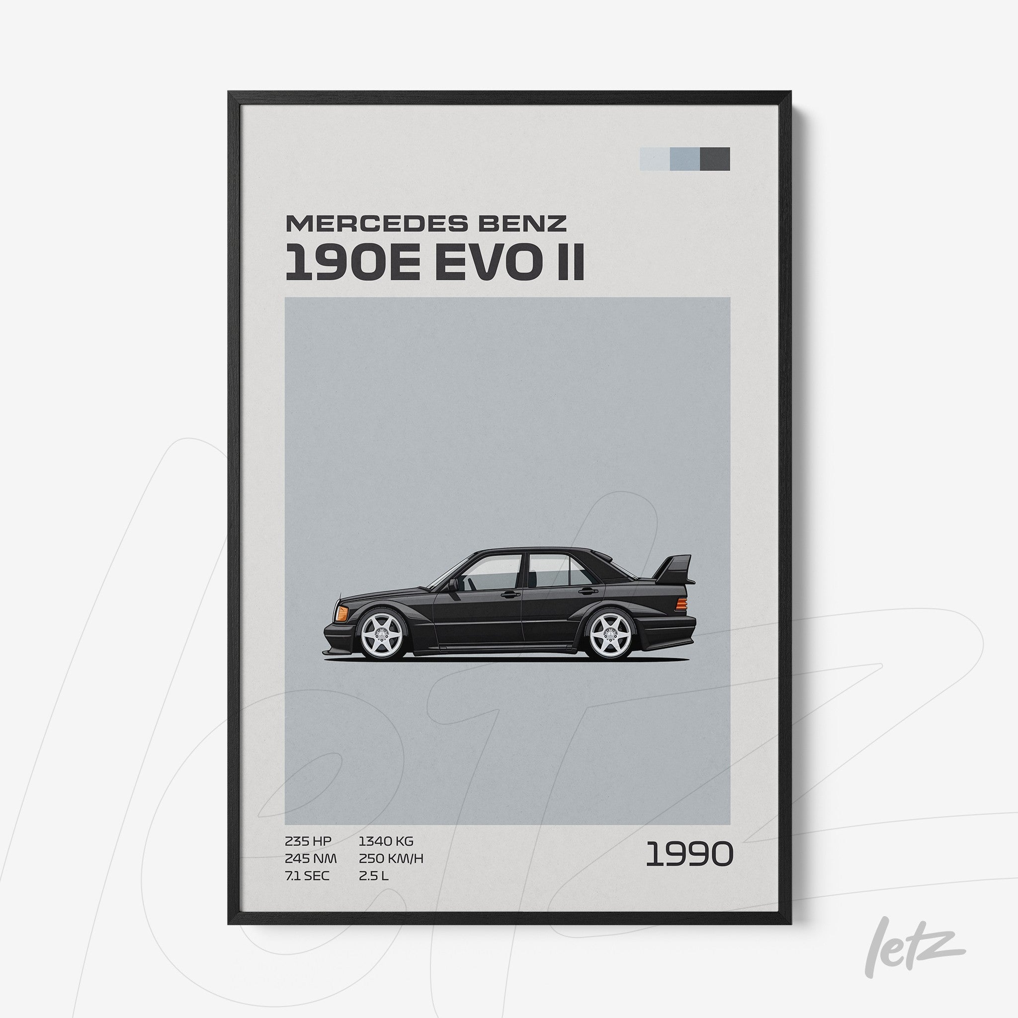 framed artwork featuring a stylized illustration of the Mercedes Benz 190E EVO II with a black frame