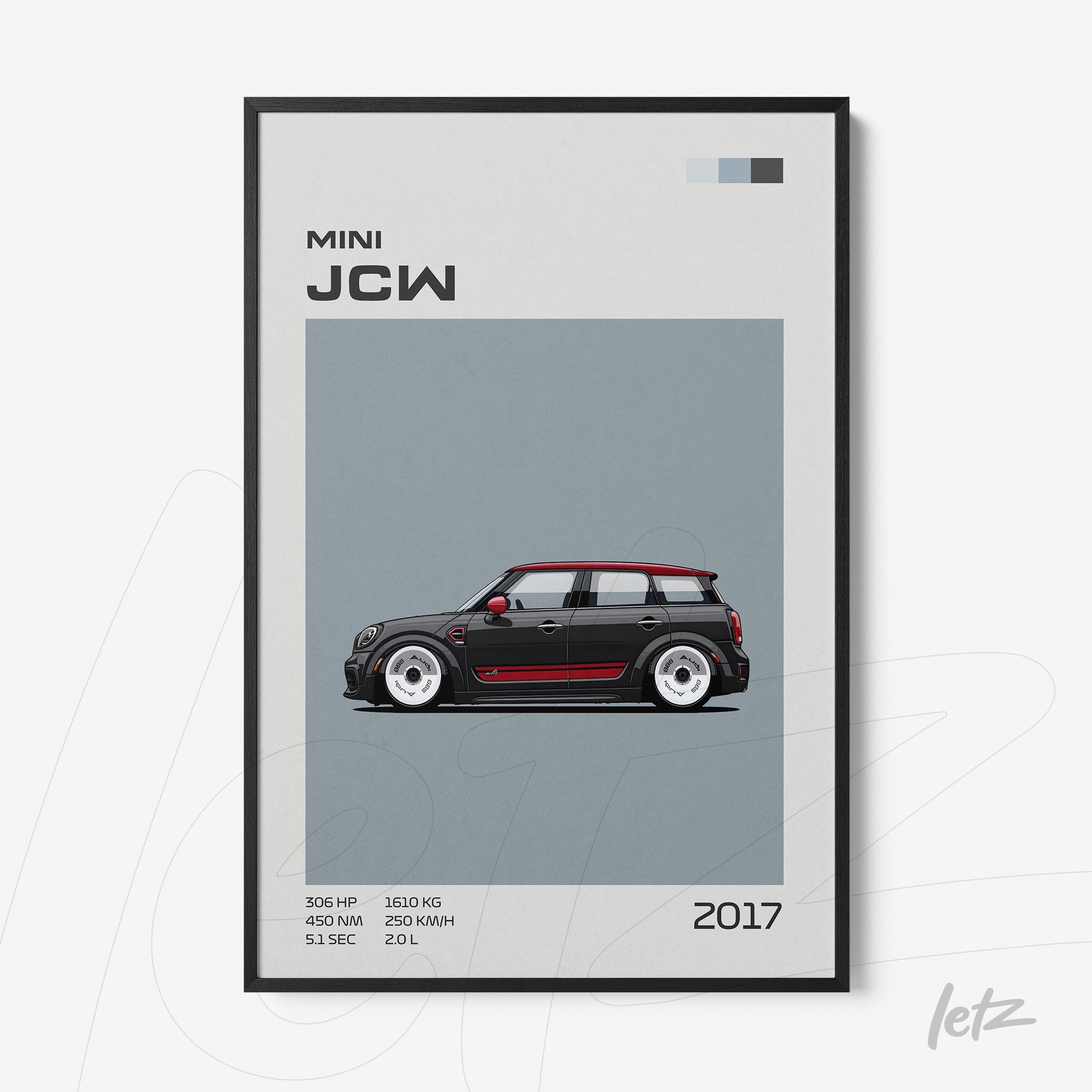 framed wall art featuring an illustration of the 2017 Mini JCW with a black frame and gray background