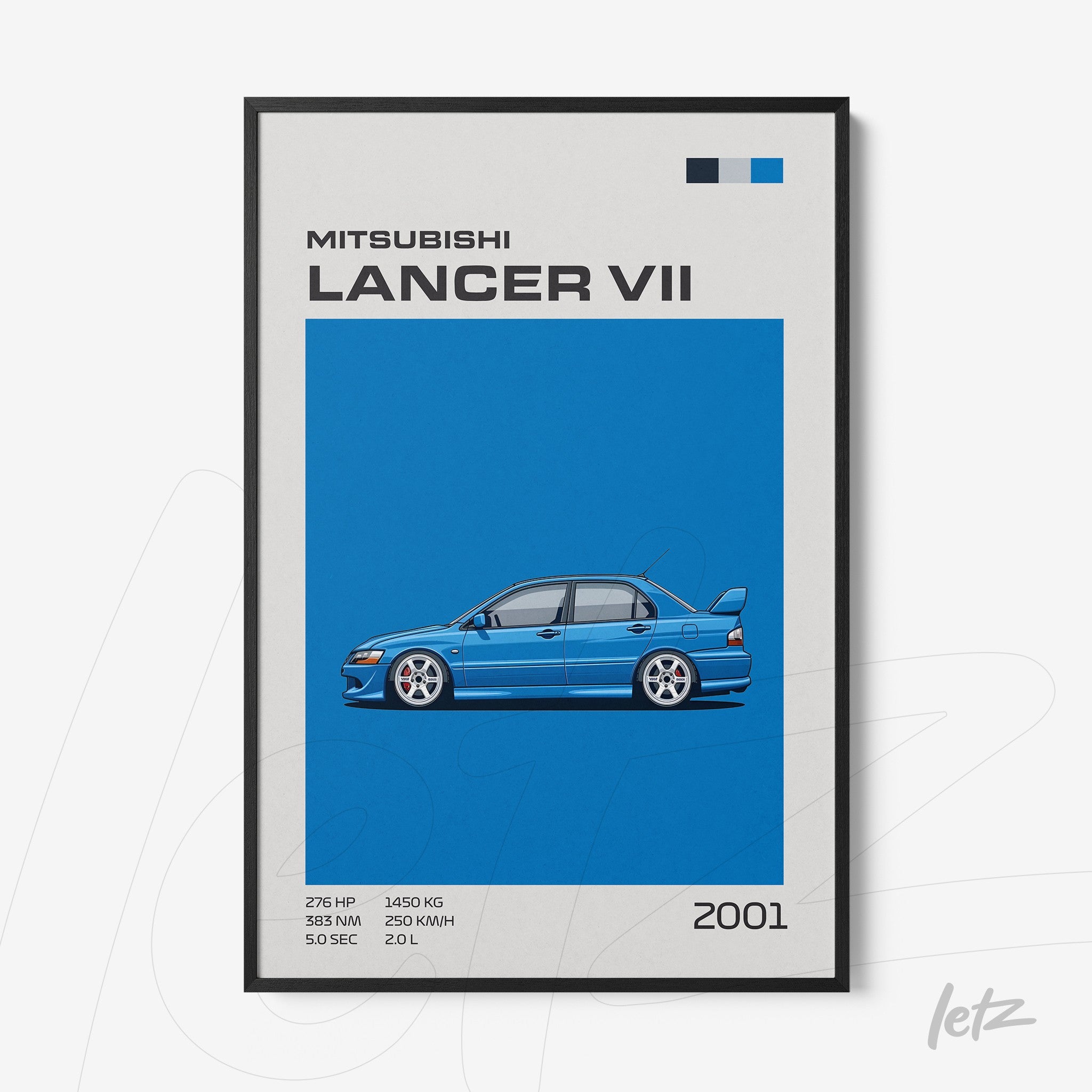 framed art of Mitsubishi Lancer VII illustration on vibrant blue background with black frame
