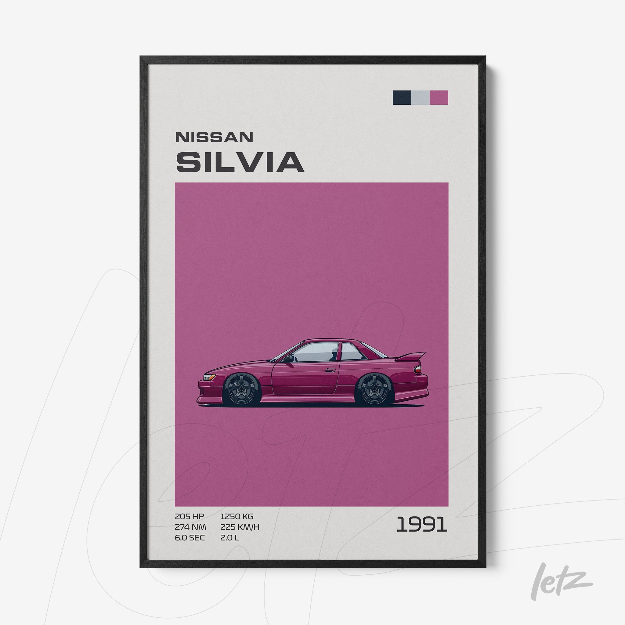 framed wall art featuring a 1991 Nissan Silvia sports car with a vibrant pink background and black frame
