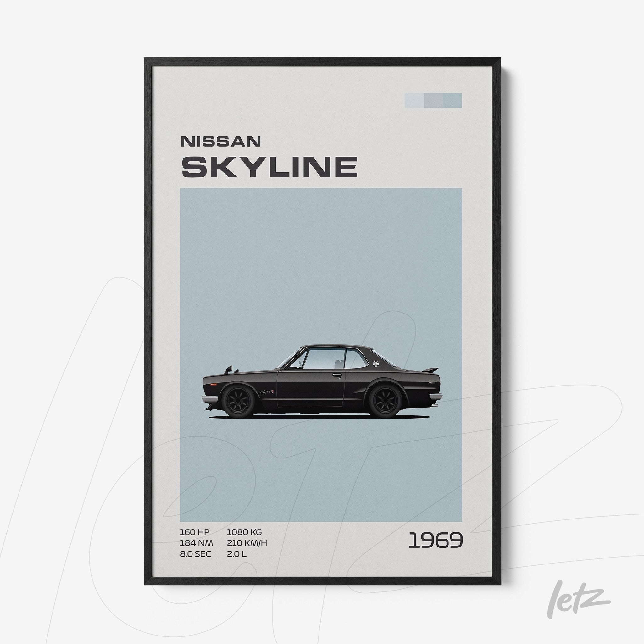 framed wall art featuring an illustration of the 1969 Nissan Skyline on a light blue background