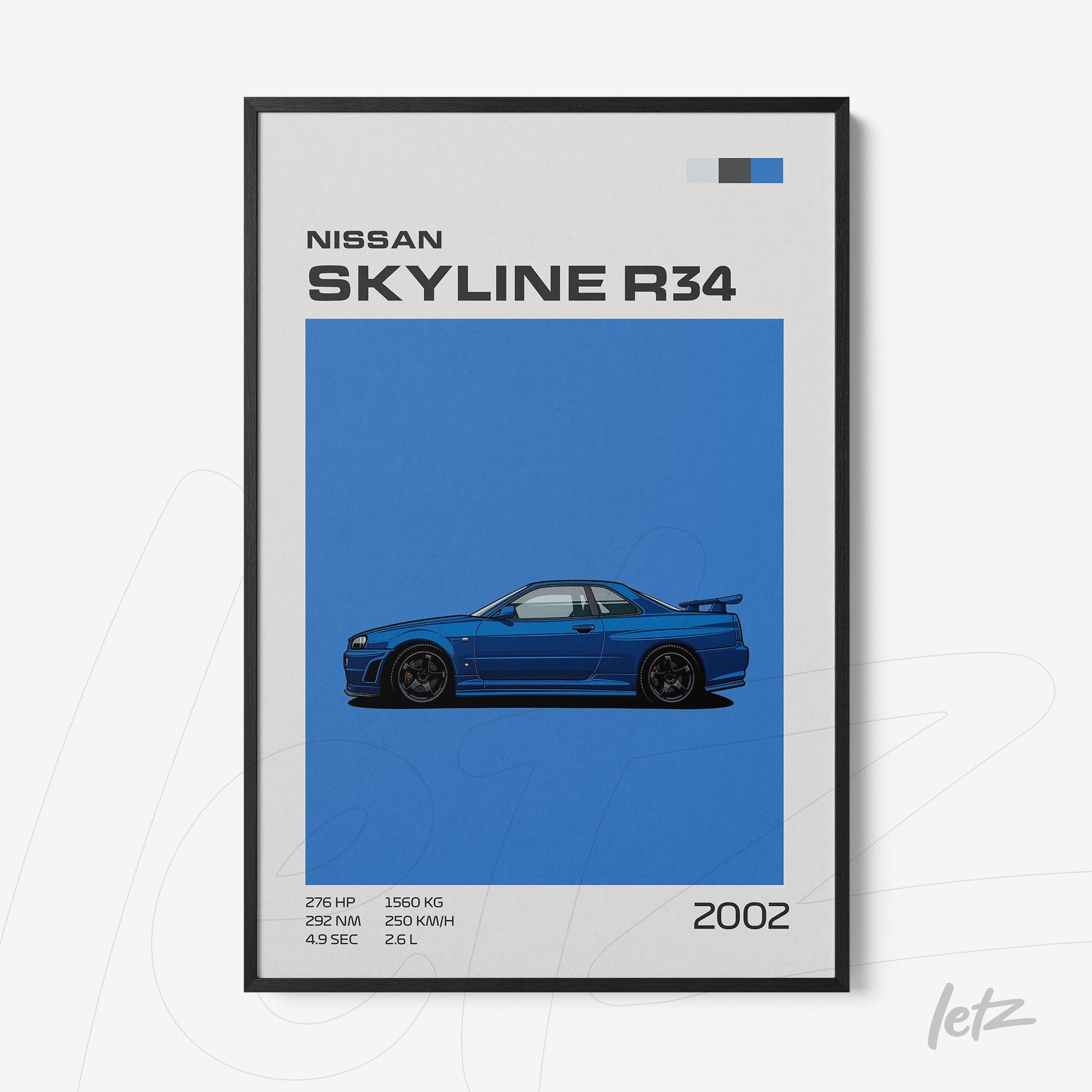 framed artwork featuring a minimalist illustration of Nissan Skyline R34 on vibrant blue background with black frame