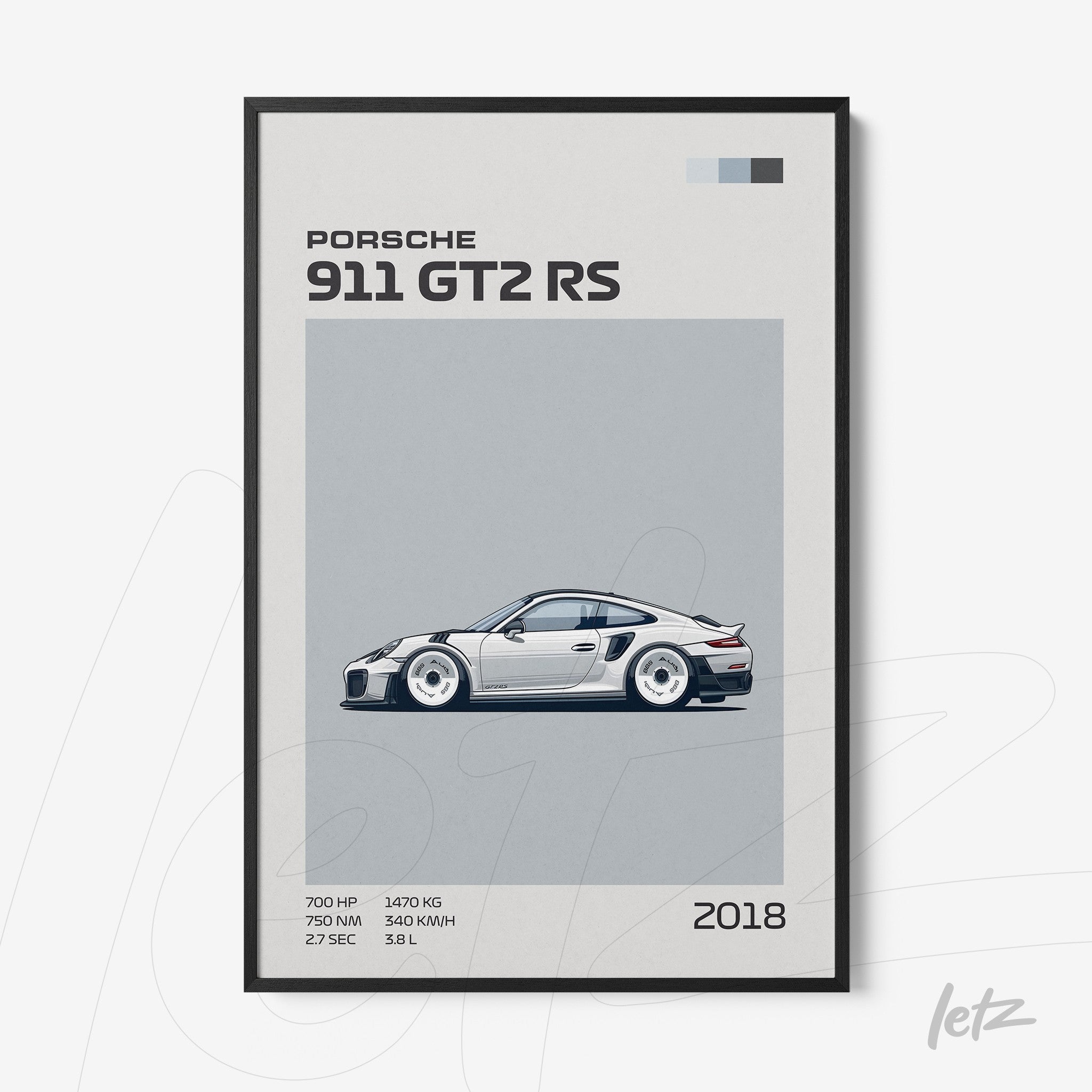 framed digital artwork of Porsche 911 GT2 RS car illustration with black frame and gray accents