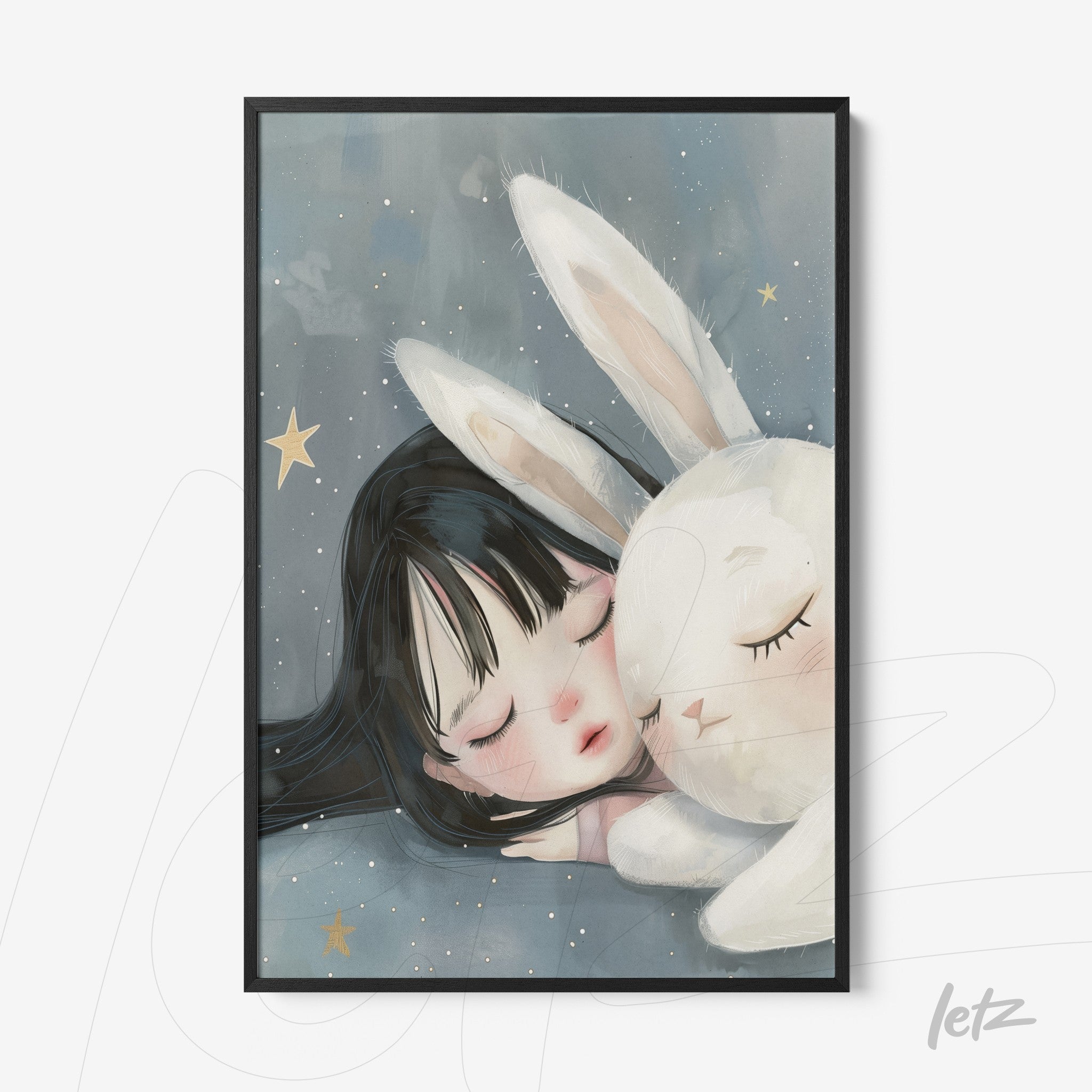 framed artwork featuring a gentle illustration of a girl with black hair next to a white rabbit against a starry blue background