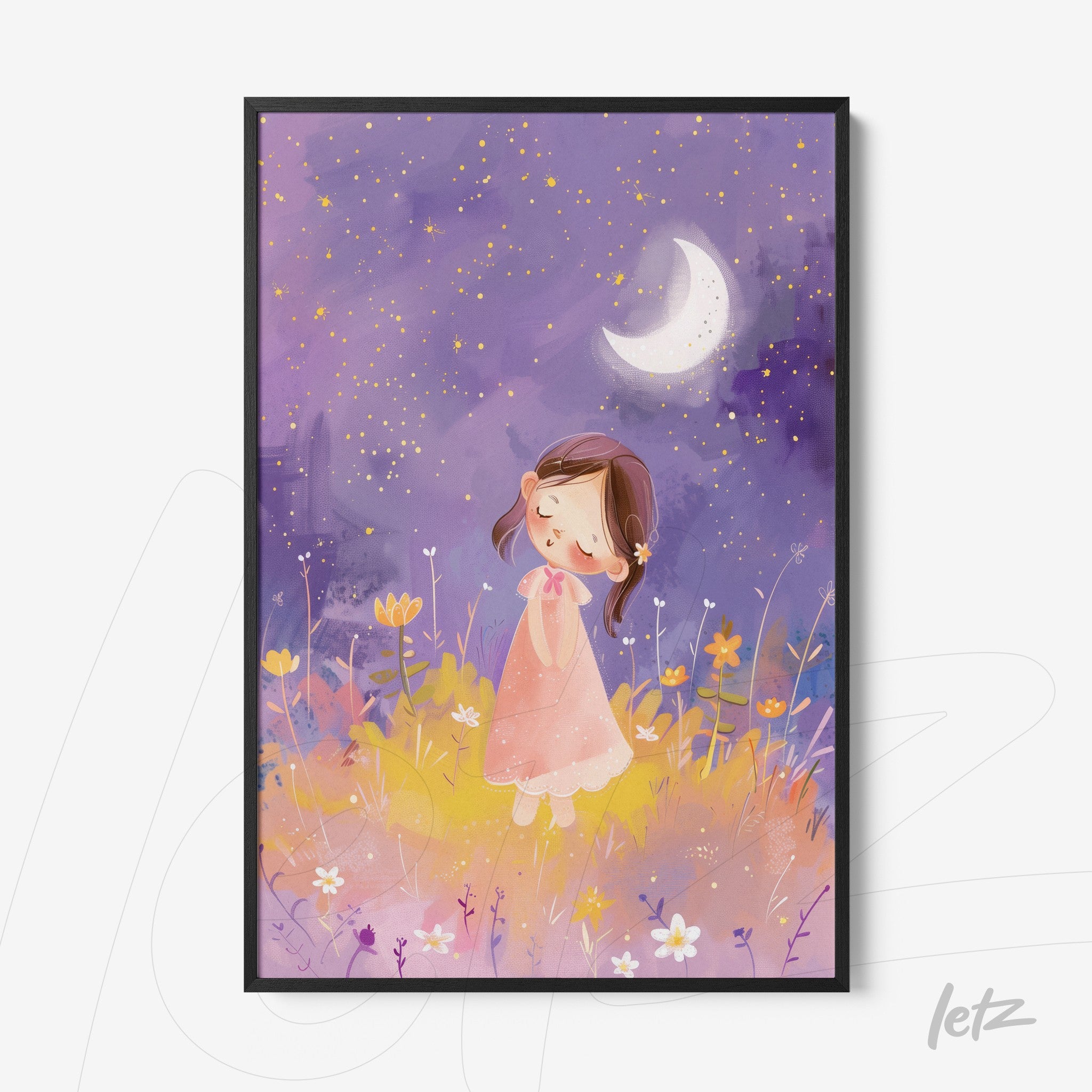 framed art featuring a cute illustration of a girl in a pink dress under a crescent moon surrounded by colorful flowers on a purple background