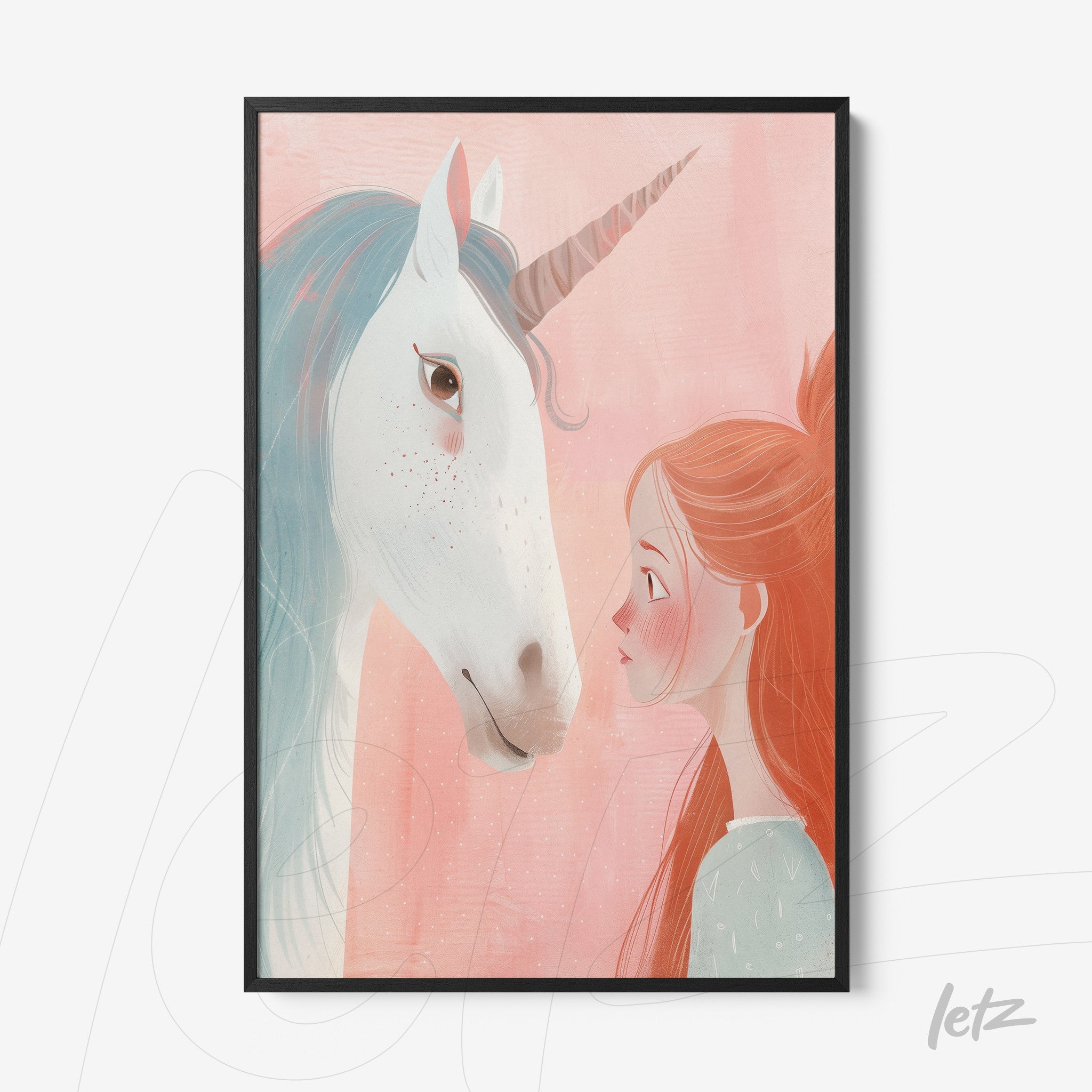 framed artwork featuring a colorful illustration of a young girl facing a unicorn against a soft pink background