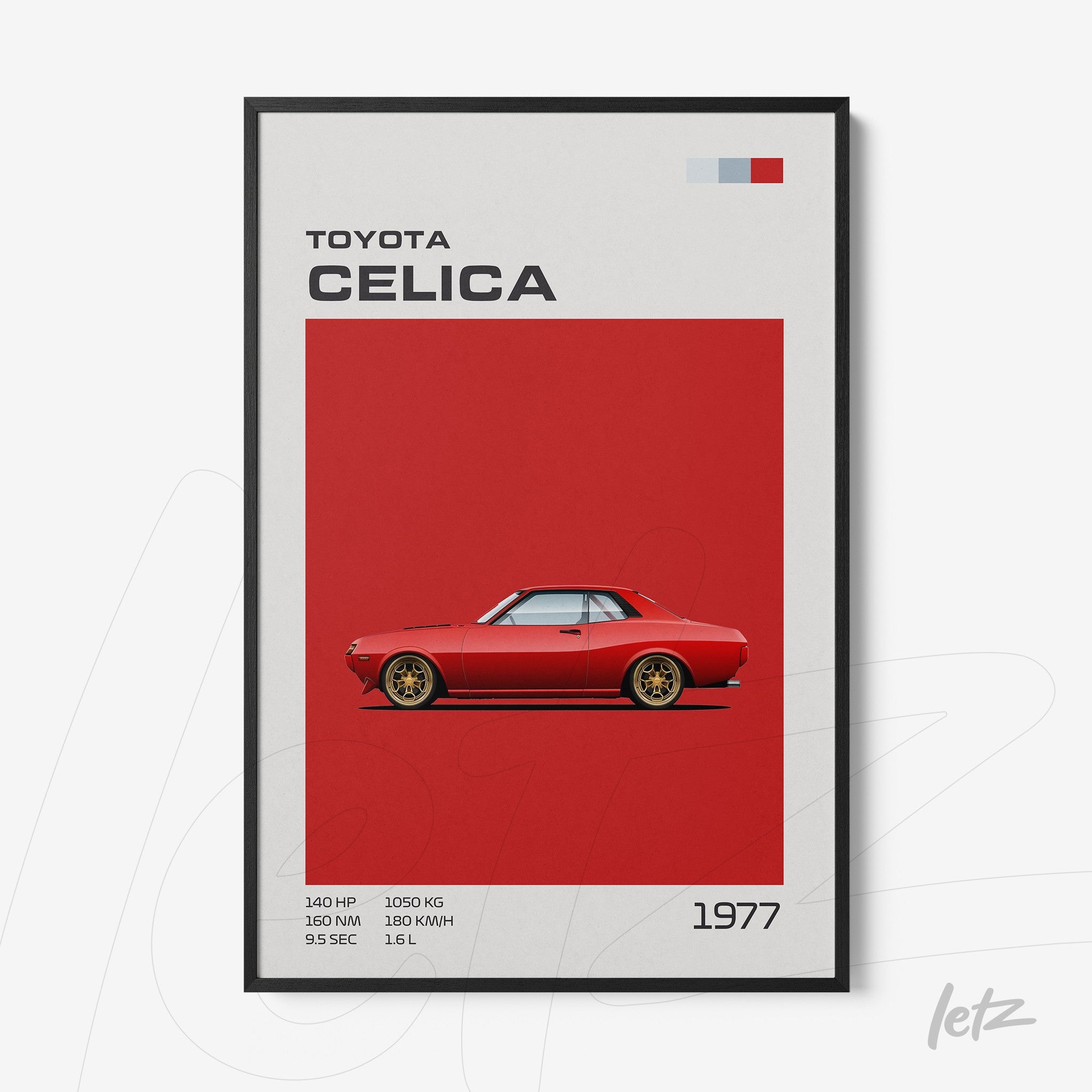 framed graphic art of a 1977 Toyota Celica in vibrant red background with black frame