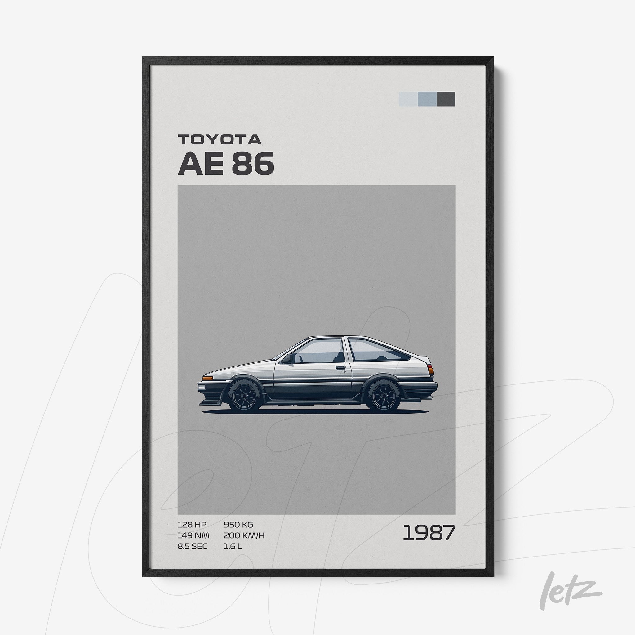 framed art featuring retro illustration of Toyota AE86 car with black frame