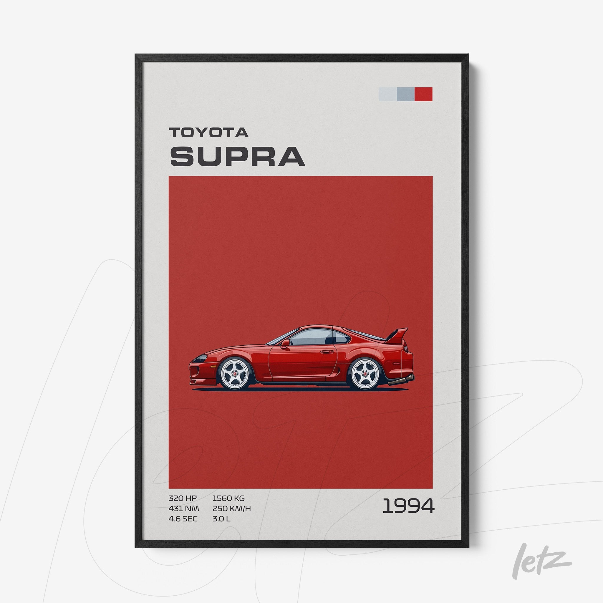 framed artwork of a 1994 Toyota Supra on a red background with black frame