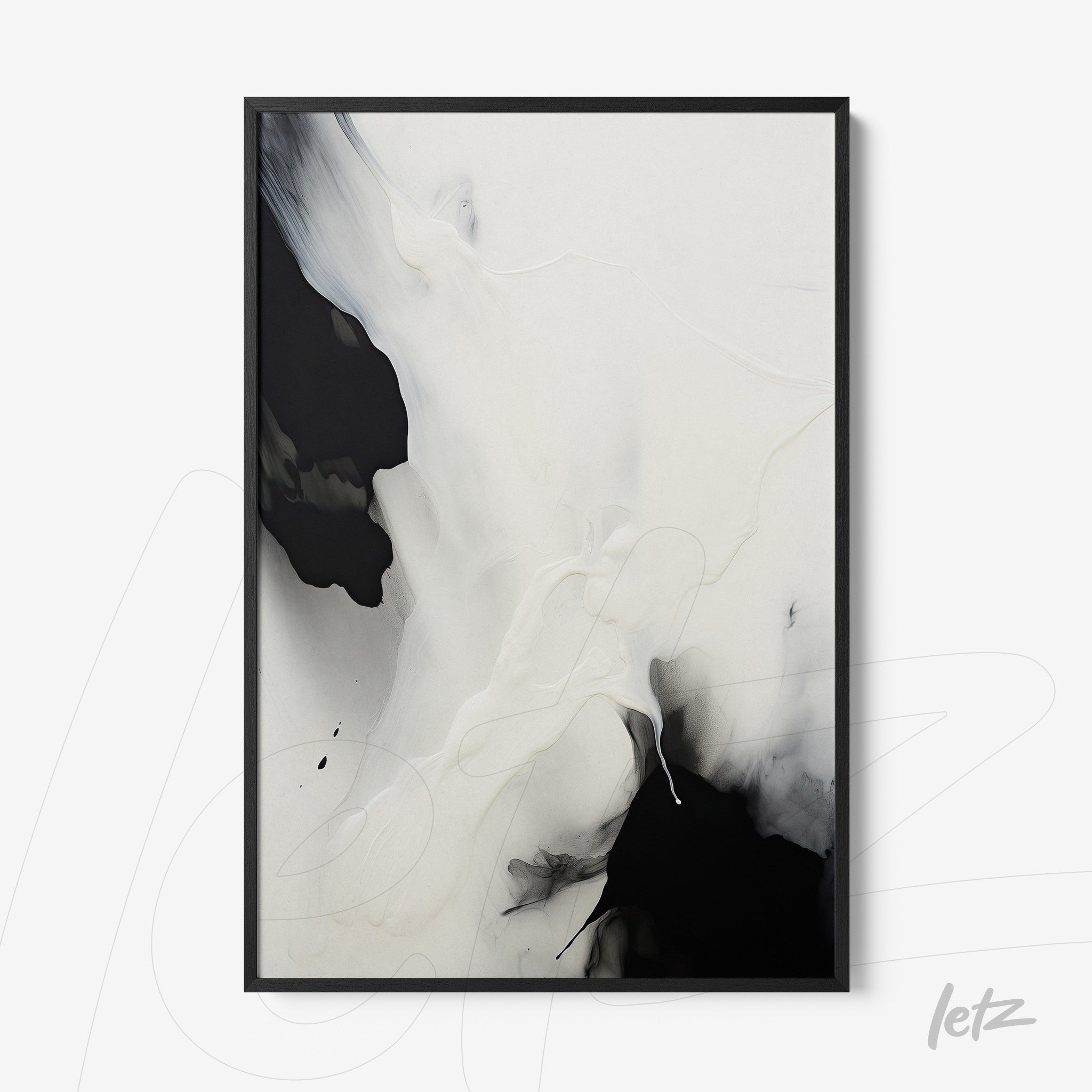 abstract wall art in black and white featuring fluid shapes in a black frame