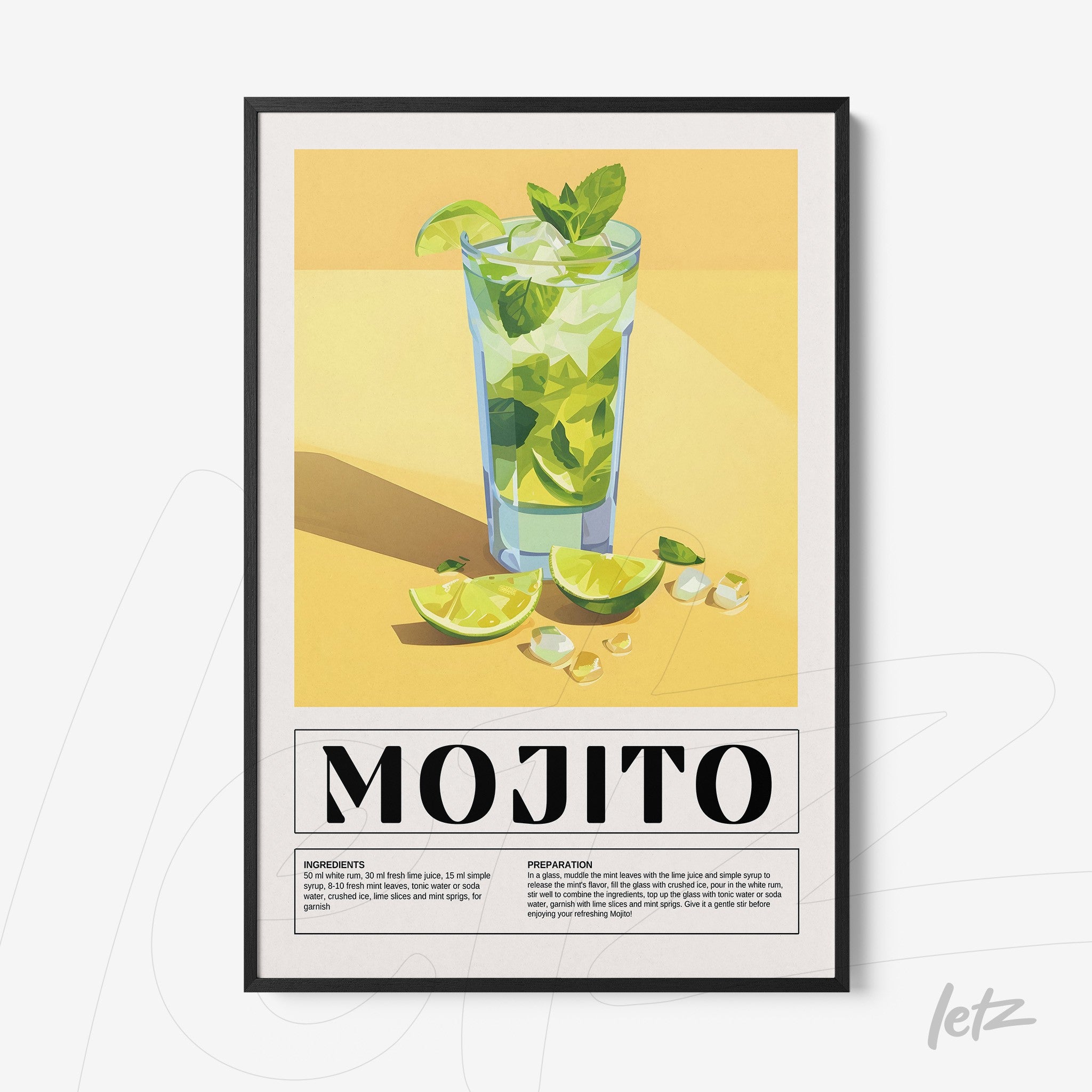 framed wall art featuring mojito drink with fresh ingredients and yellow background