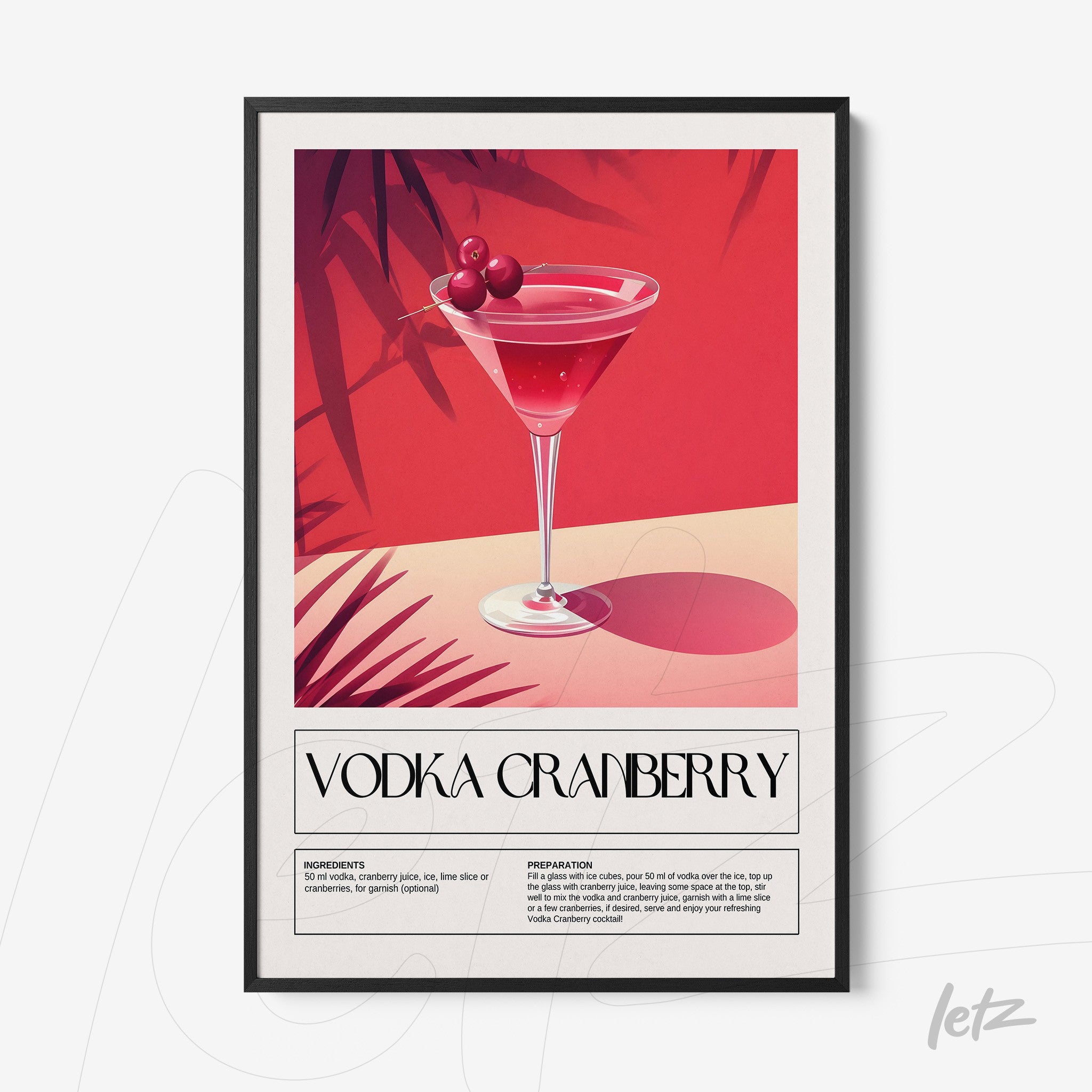 framed art illustration of vodka cranberry cocktail with black frame, vibrant pink background featuring plant shadows