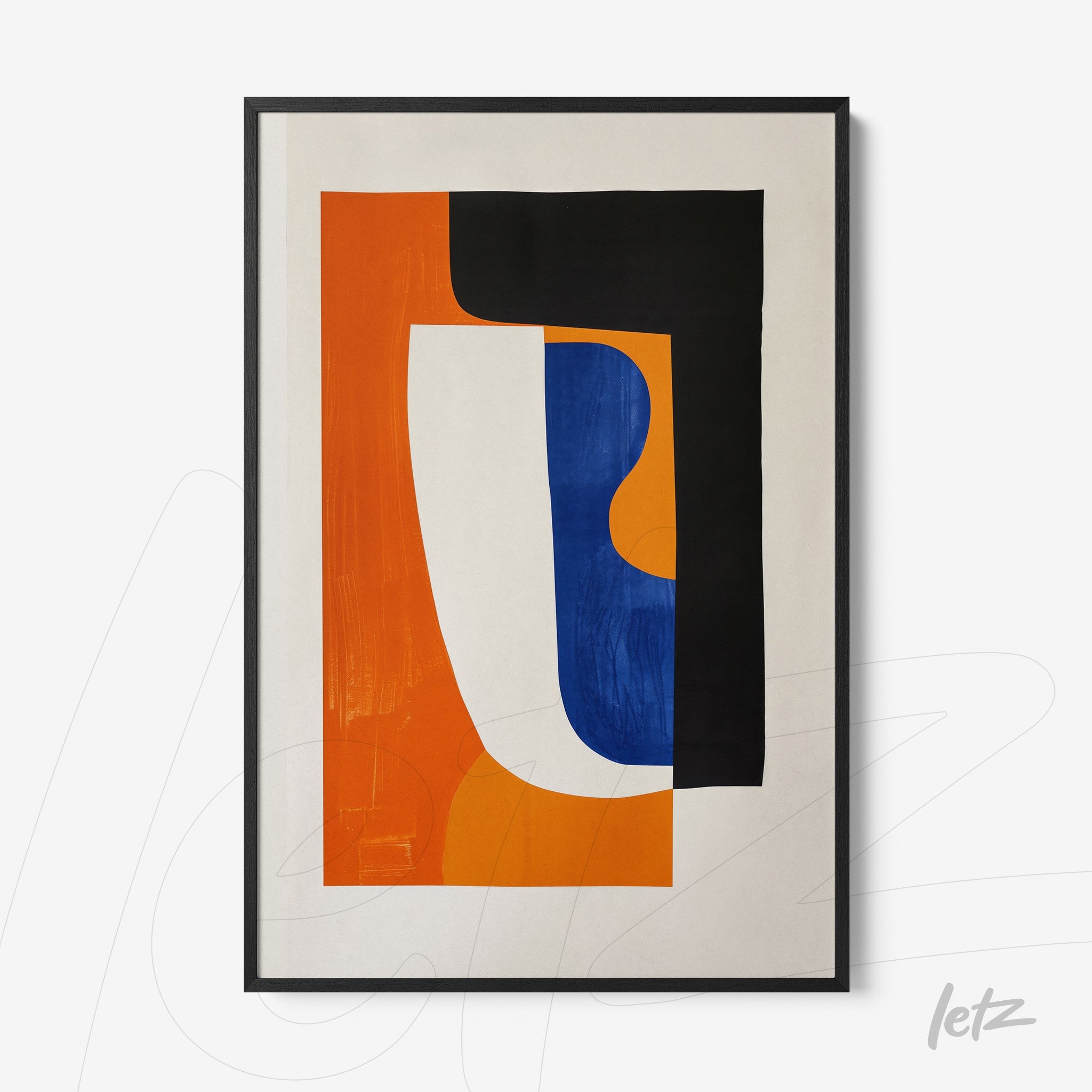 framed abstract wall art featuring vibrant geometric shapes in orange, blue, and black