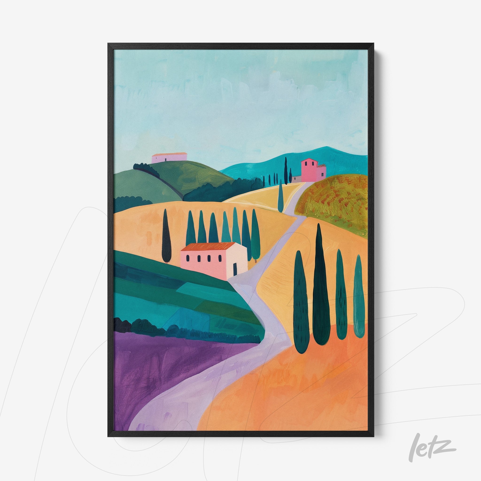 framed wall art featuring a vibrant italian landscape with rolling green hills, tall cypress trees, and small pink and white houses