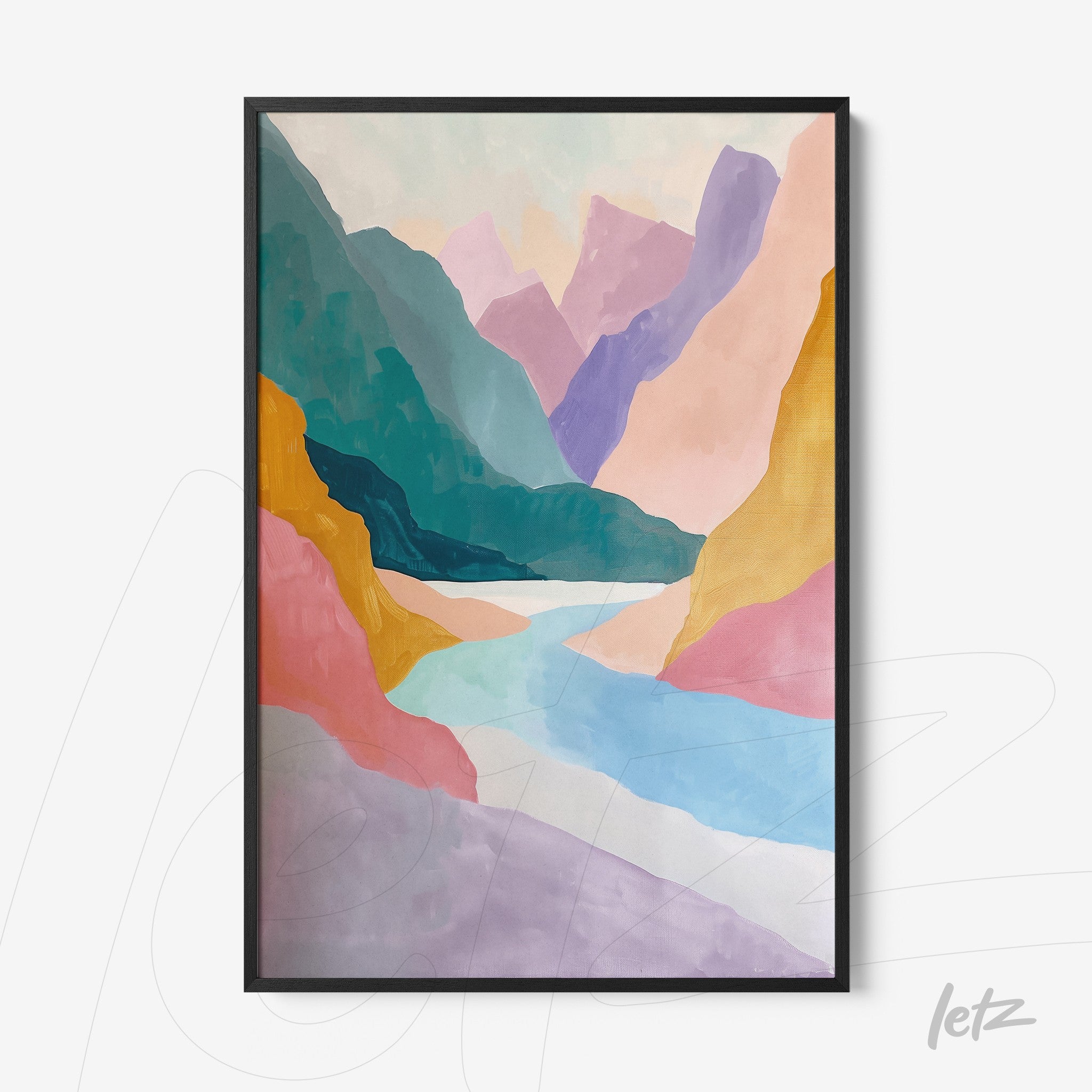 framed abstract art piece of a mountain landscape featuring colorful formations in shades of pink, blue, and green against a light background