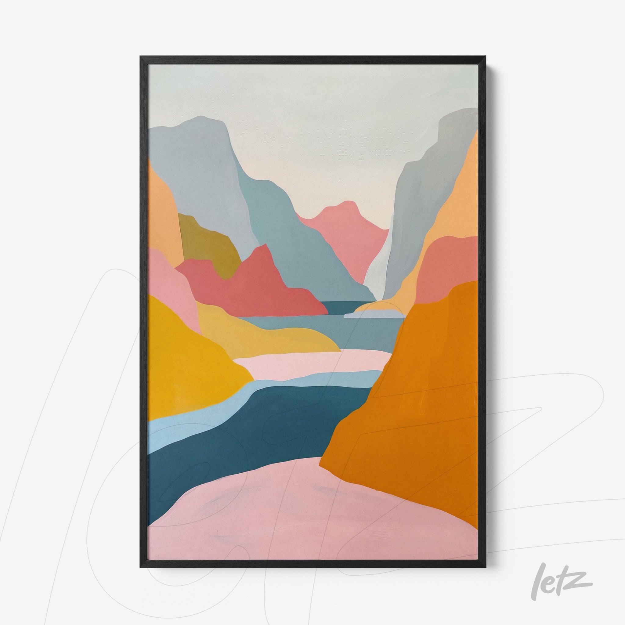 abstract landscape wall art in shades of pink, blue, and orange with a black frame