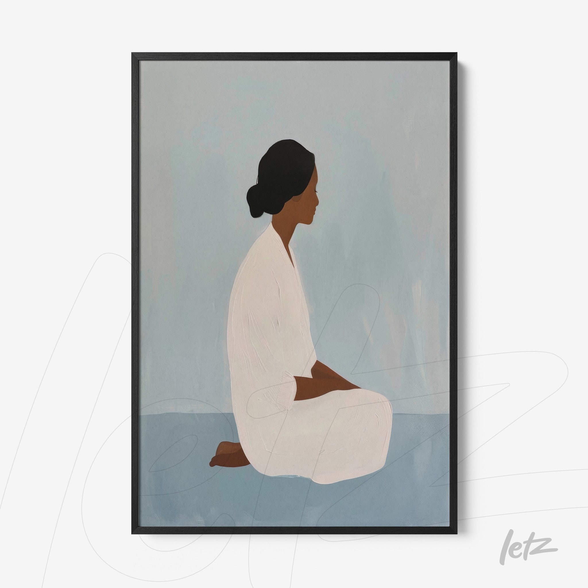 framed wall art featuring a minimalist illustration of a woman sitting in neutral tones