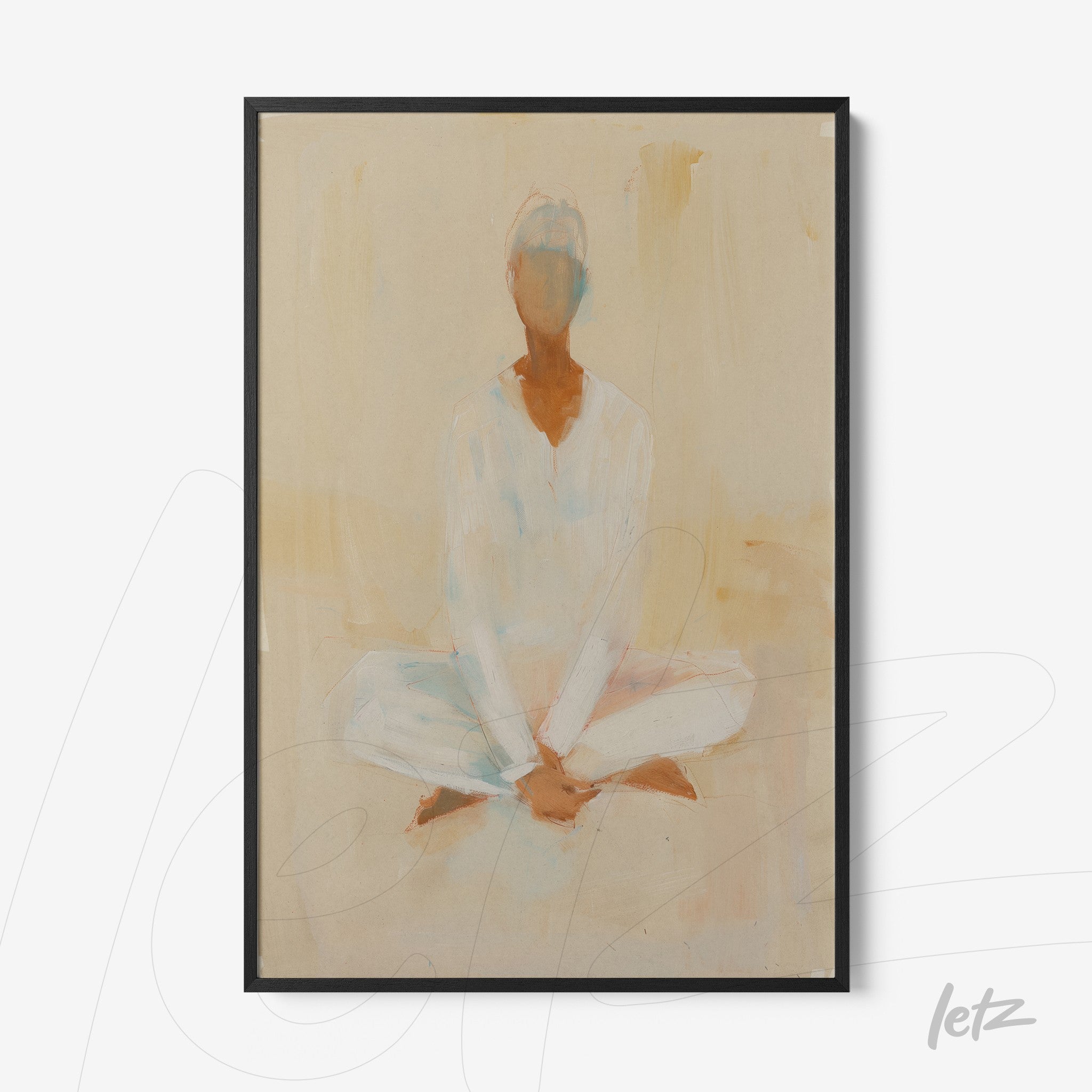 framed abstract art of a sitting human figure in neutral tones with a thin black frame