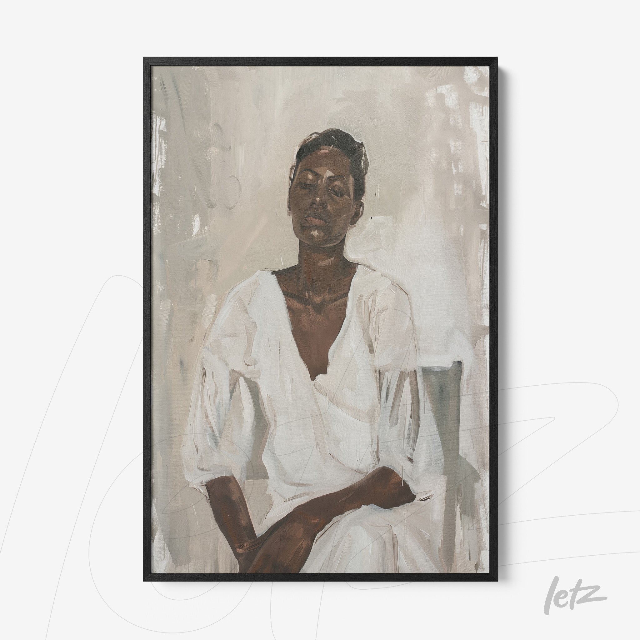 framed artwork depicting a contemplative woman in neutral tones