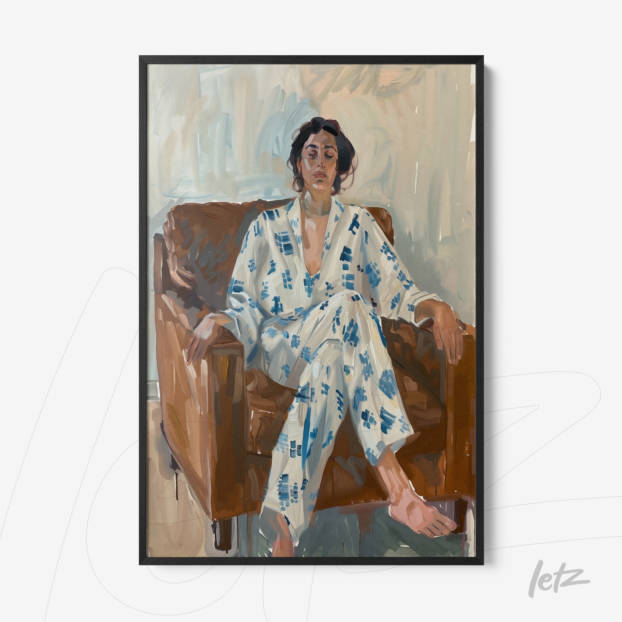 portrait of a woman sitting on a brown sofa wearing a white outfit with blue patterns