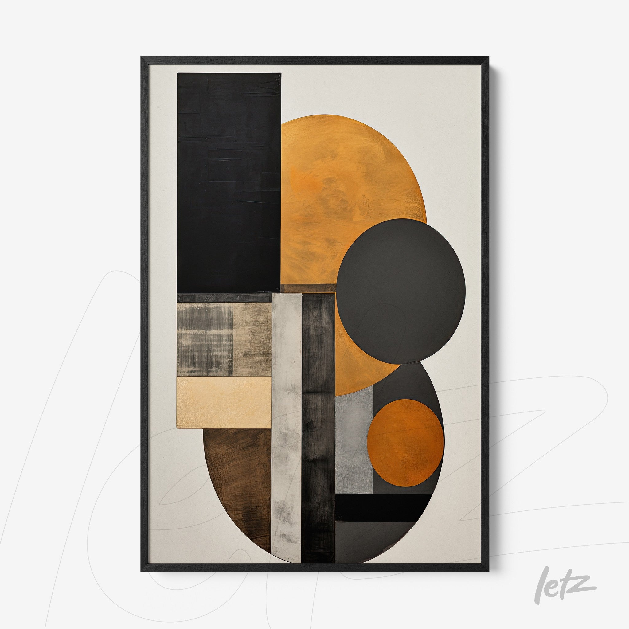 abstract geometric wall art featuring orange, black and gray tones in a thin black frame