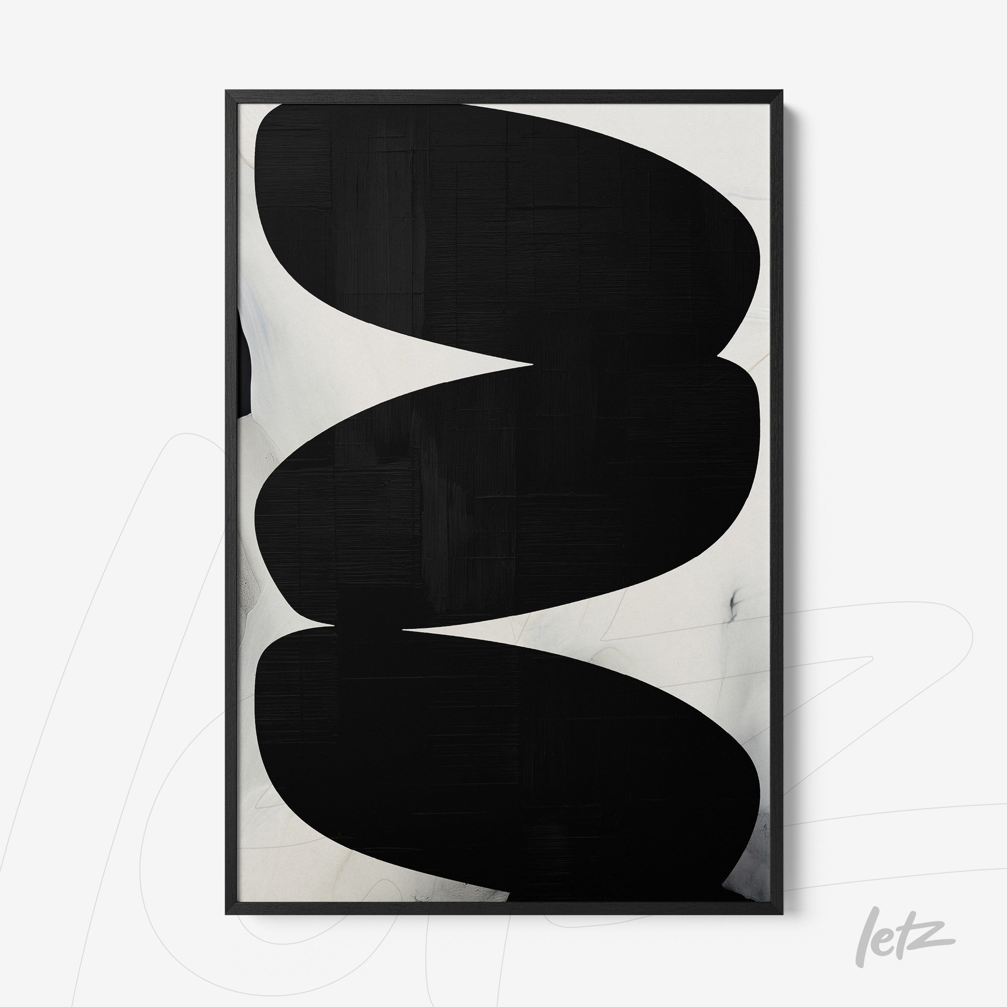 framed abstract wall art in black and white featuring wavy shapes with a thin black frame