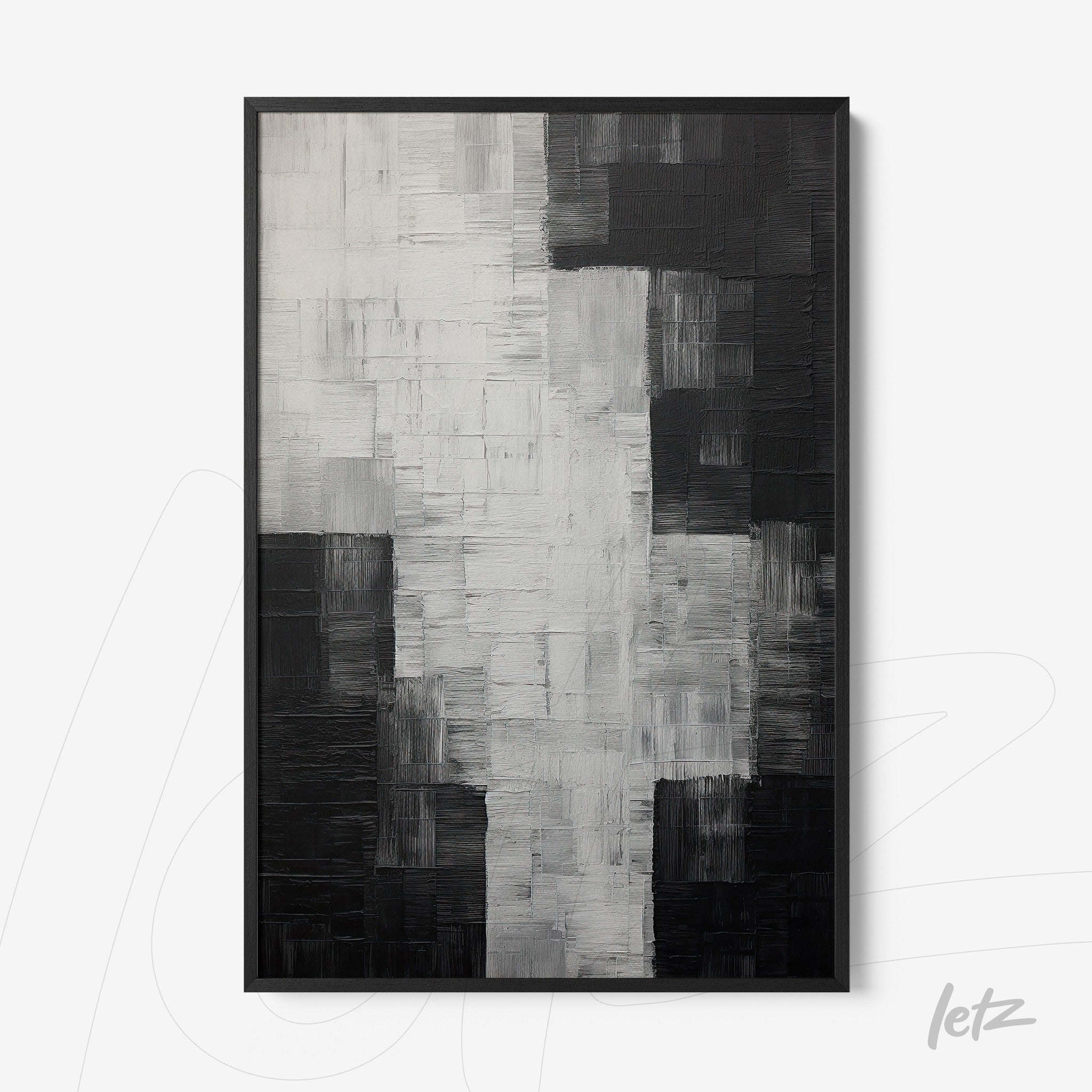 abstract wall art in black and white featuring three-dimensional texture in black frame