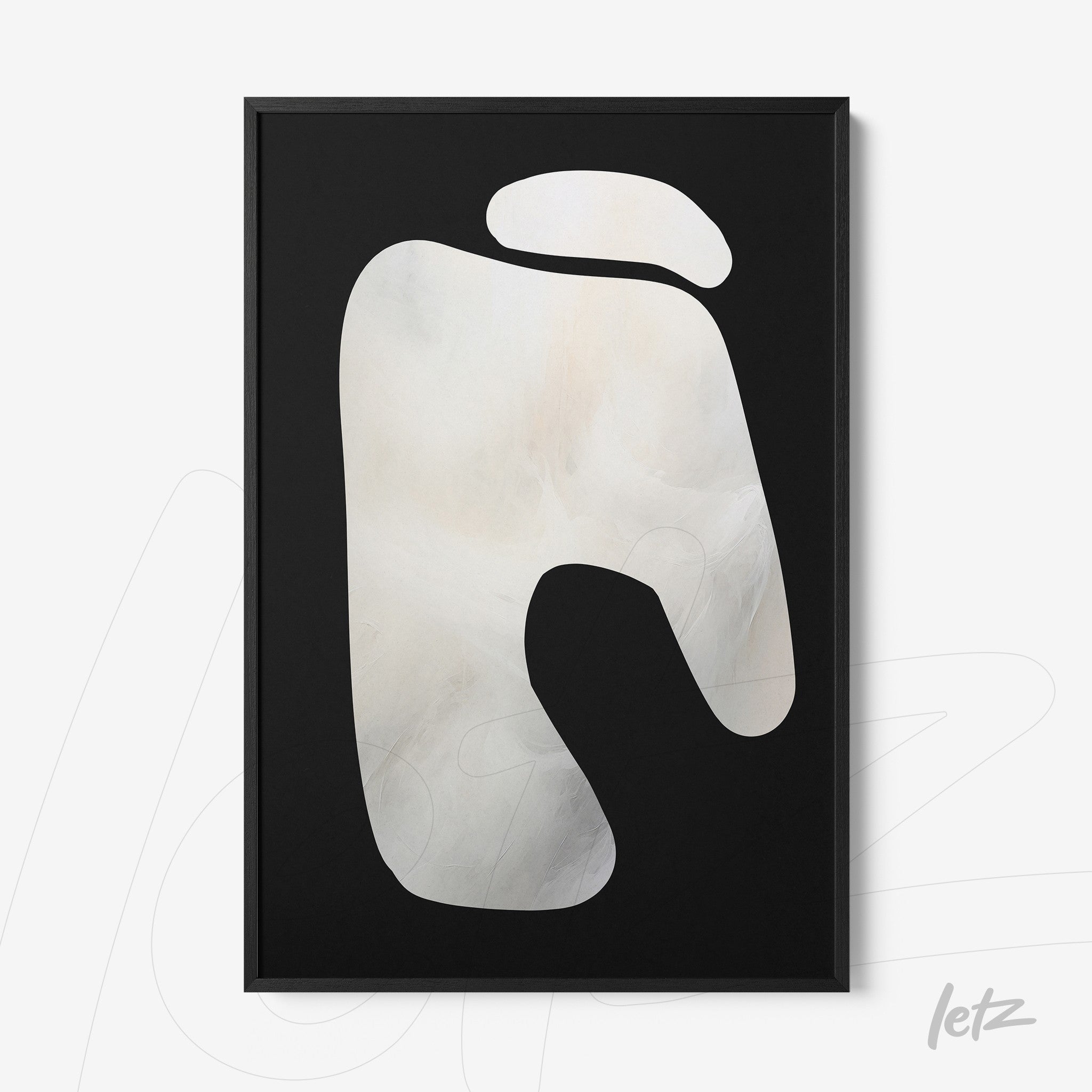 framed abstract artwork in light tones against a black background with a thin black frame